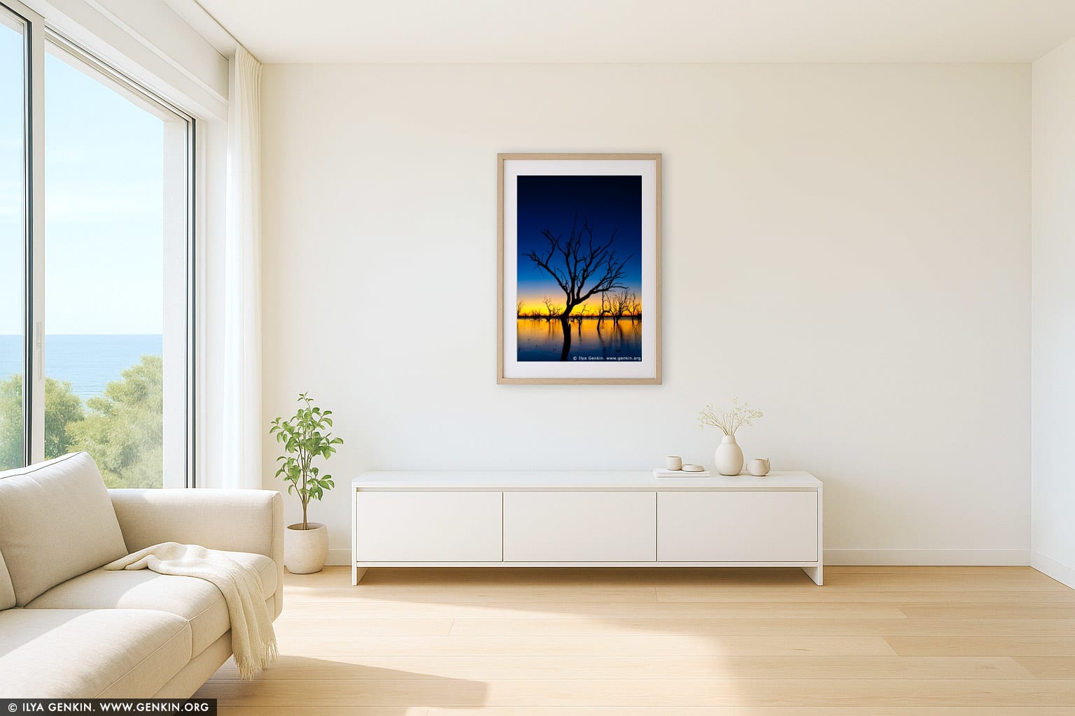 Sunset at The Lake Pamamaroo wall art in a minimalist living room interior
