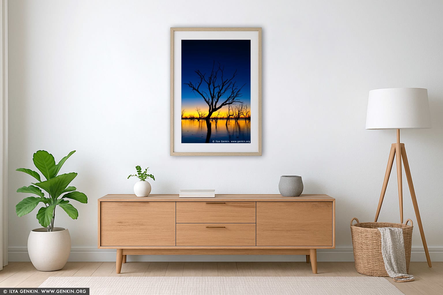 Sunset at The Lake Pamamaroo wall art in a luxury living room interior