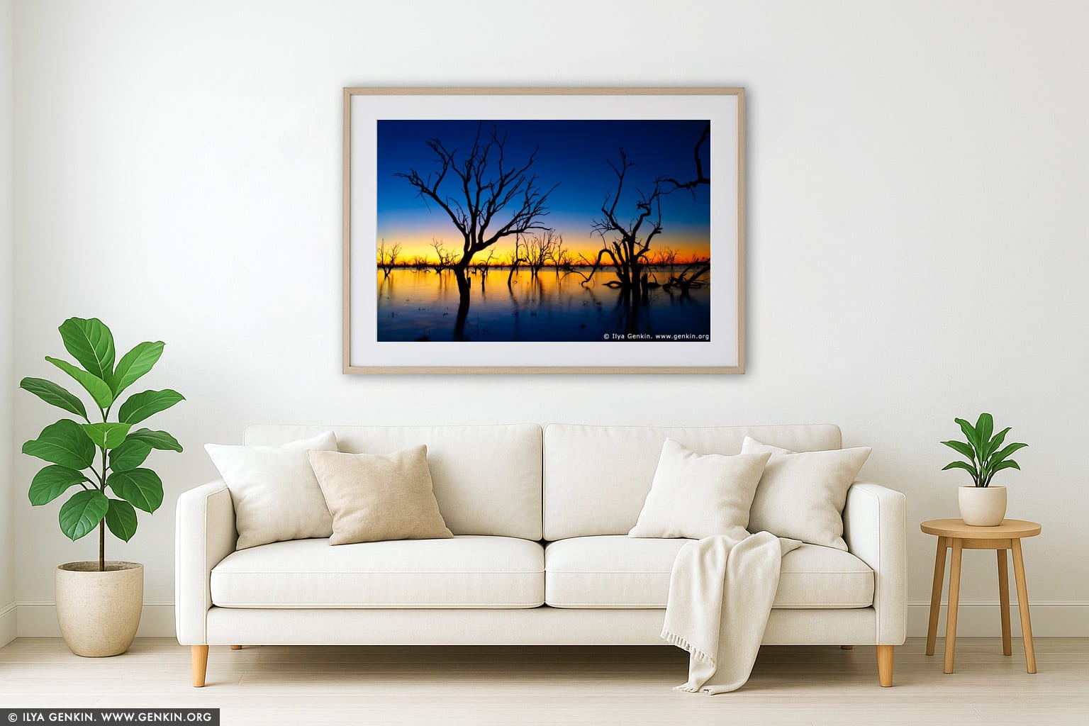 Sunset at The Lake Pamamaroo wall art in a minimalist living room interior