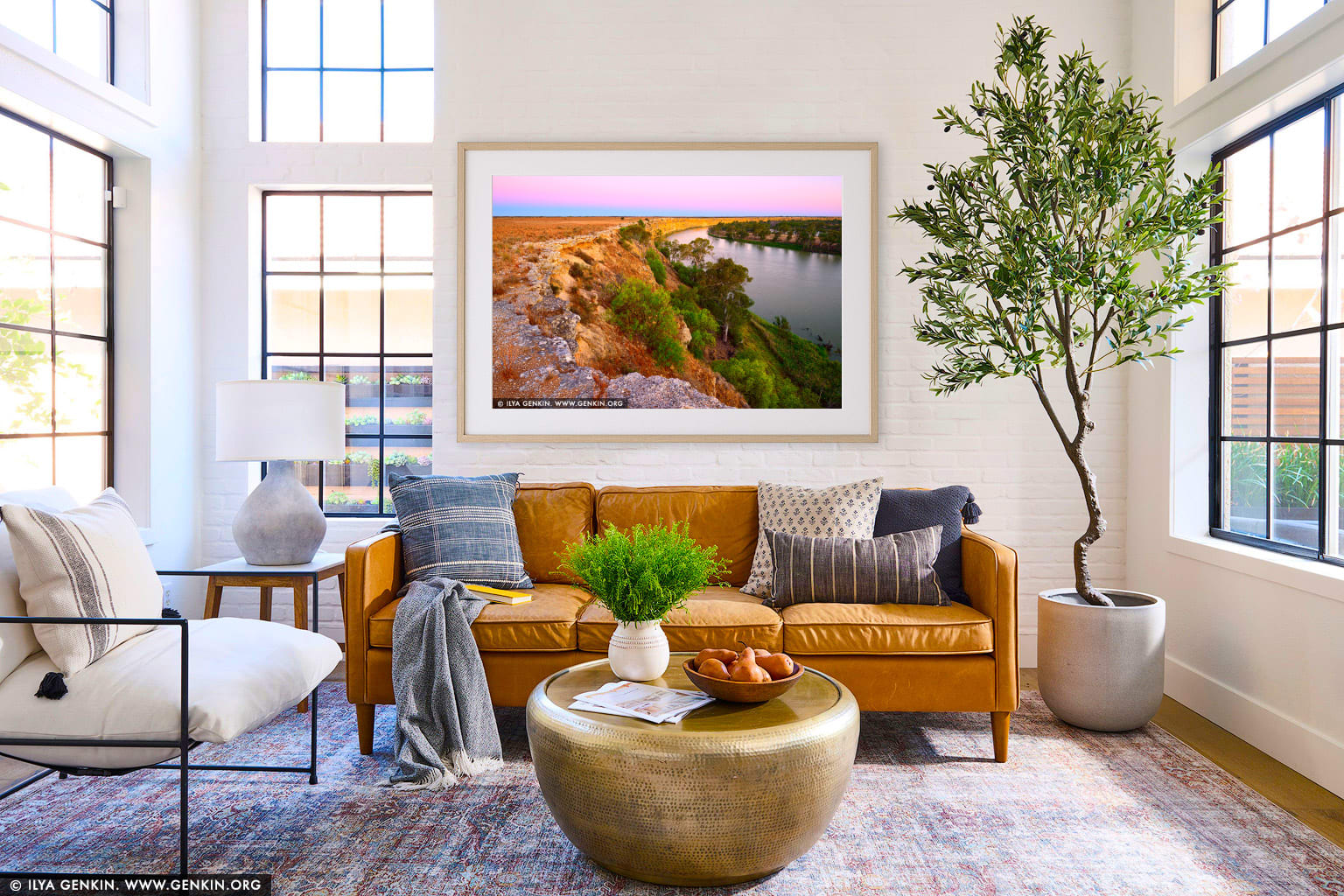 Murray River Cliffs at Twilight wall art in a minimalist living room interior