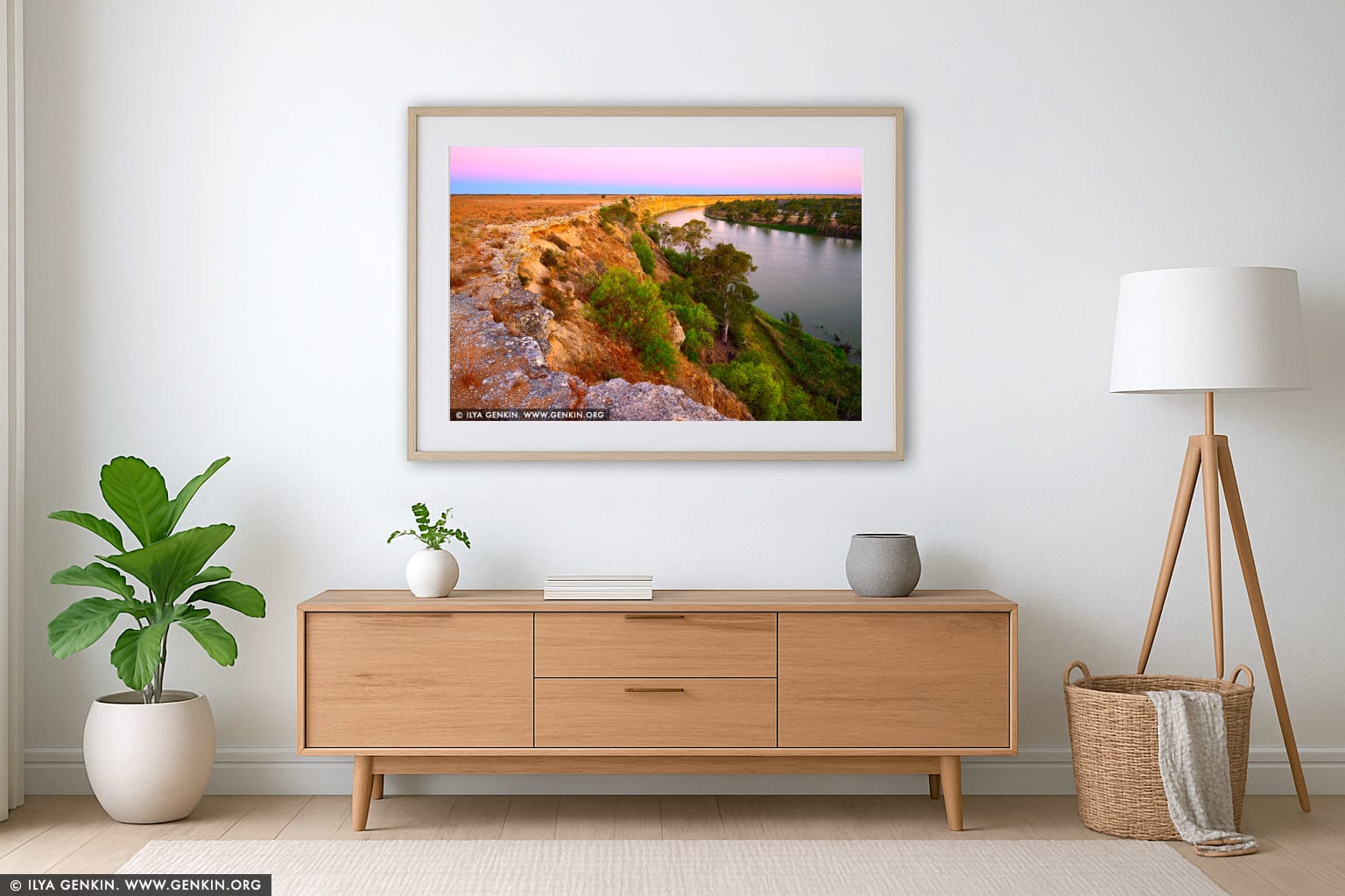 Murray River Cliffs at Twilight wall art in a luxury living room interior