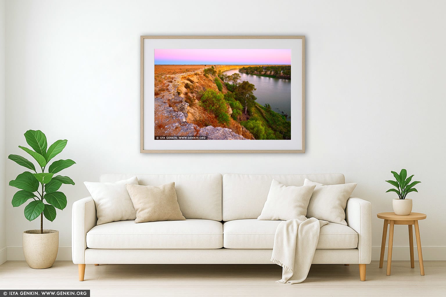 Murray River Cliffs at Twilight wall art in a contemporary living room interior