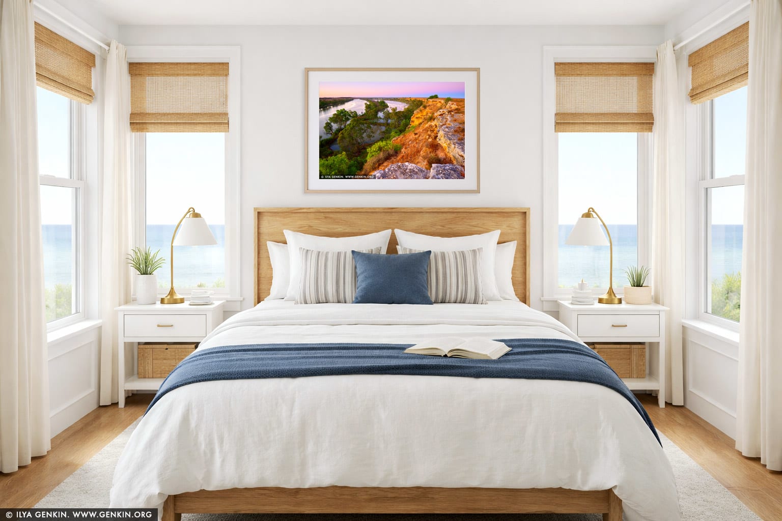 Murray River Cliffs at Dawn wall art in a bedroom interior