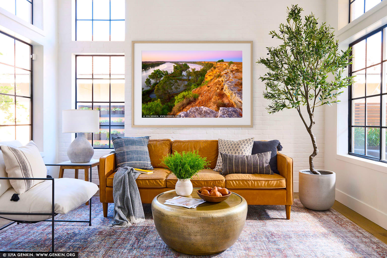 Murray River Cliffs at Dawn wall art in a luxury living room interior