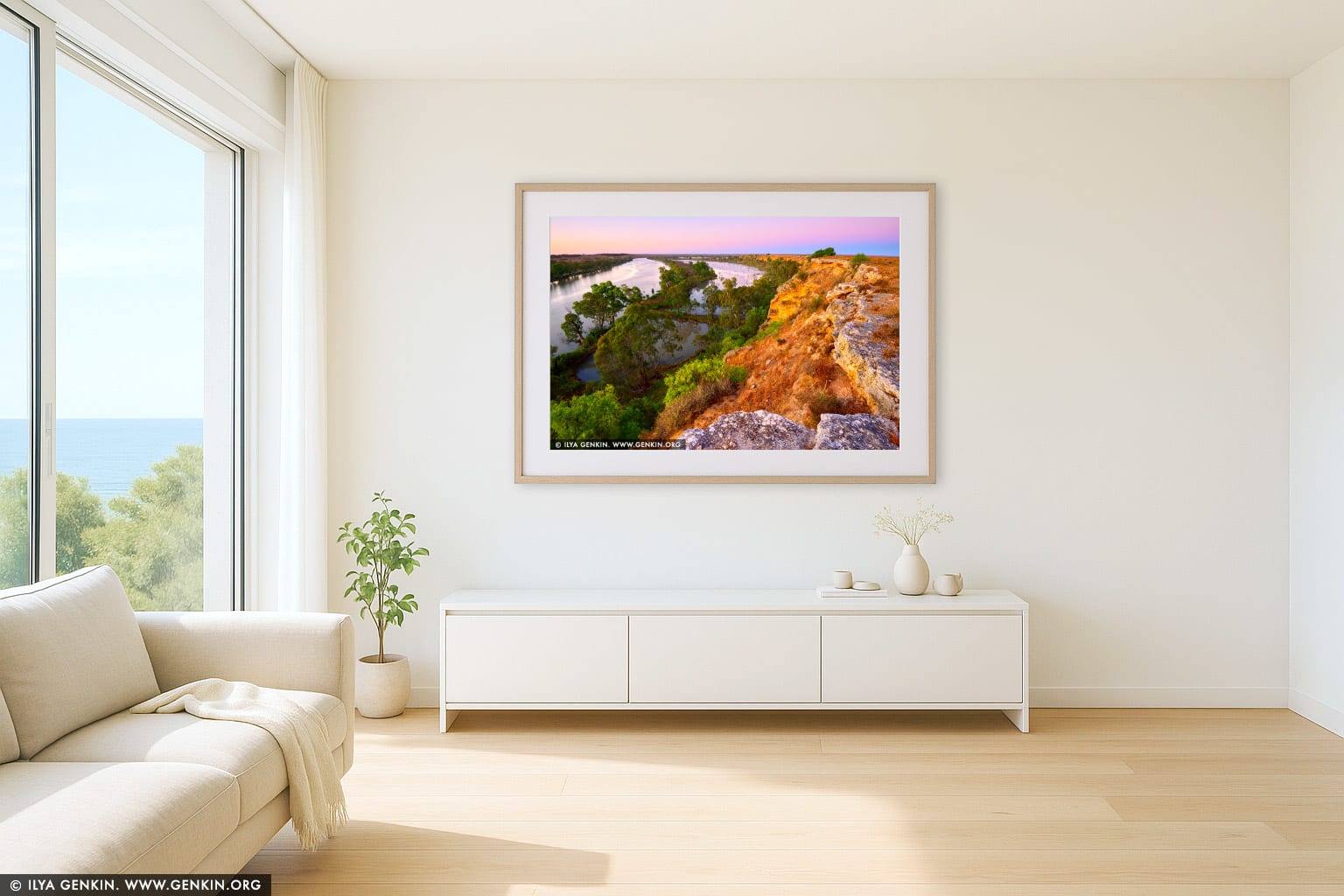 Murray River Cliffs at Dawn wall art in a luxury living room interior