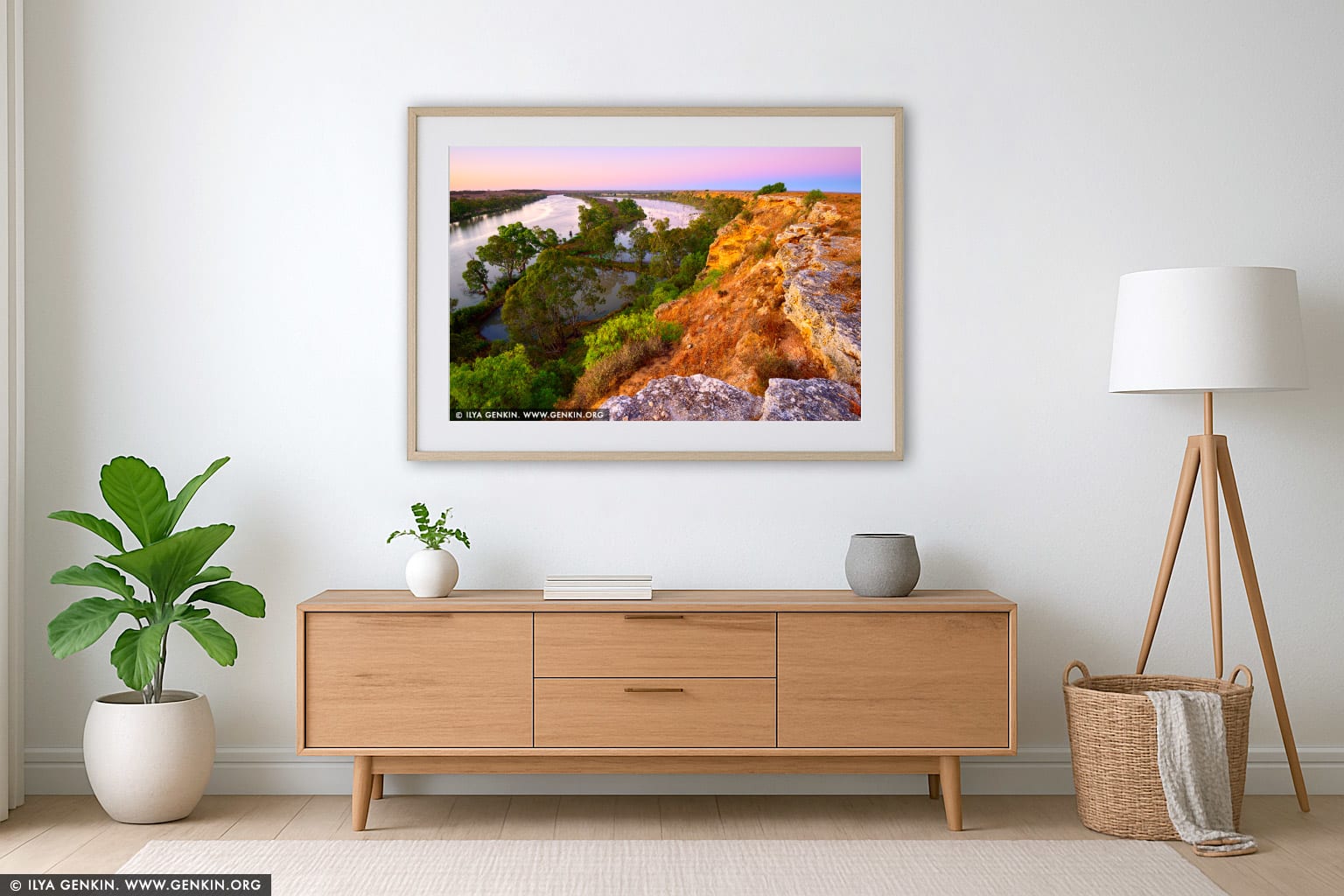 Murray River Cliffs at Dawn wall art in a modern living room interior
