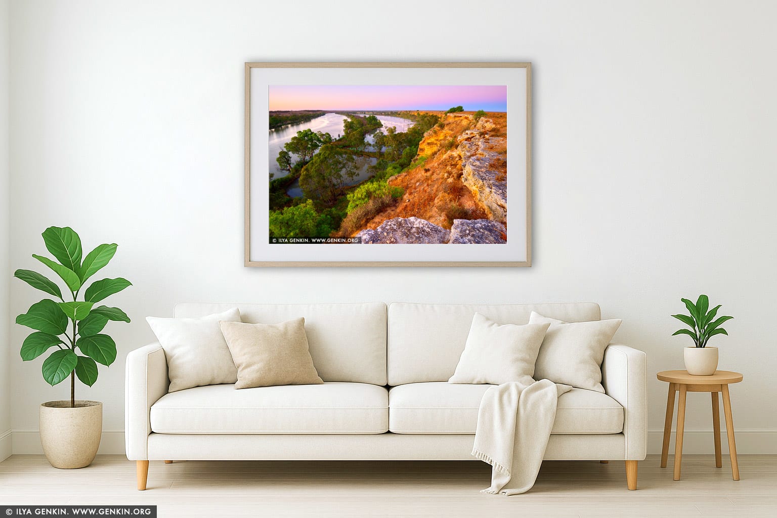 Murray River Cliffs at Dawn wall art in a minimalist living room interior