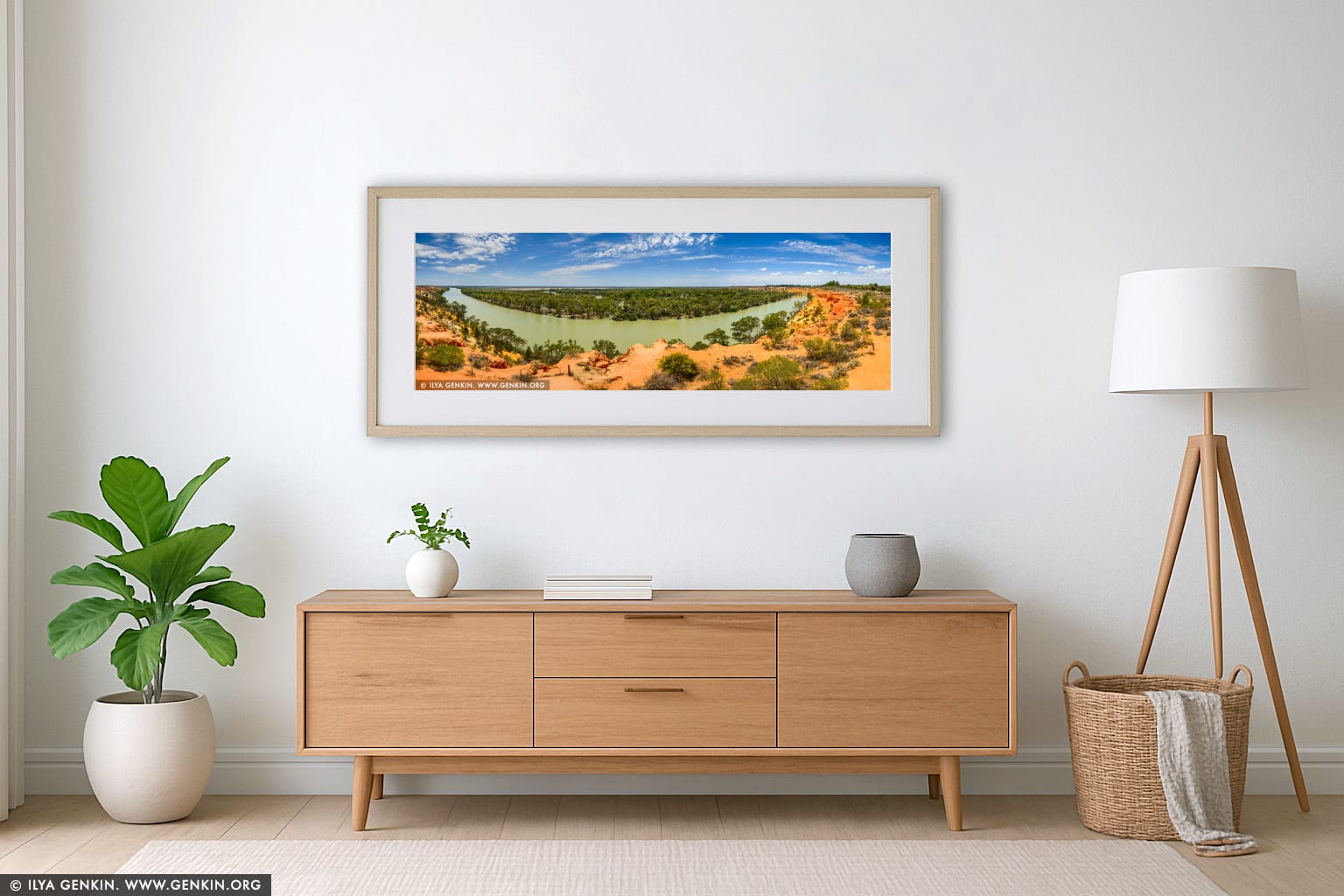 Murray River Panorama Near Heading's Cliff wall art in a luxury living room interior