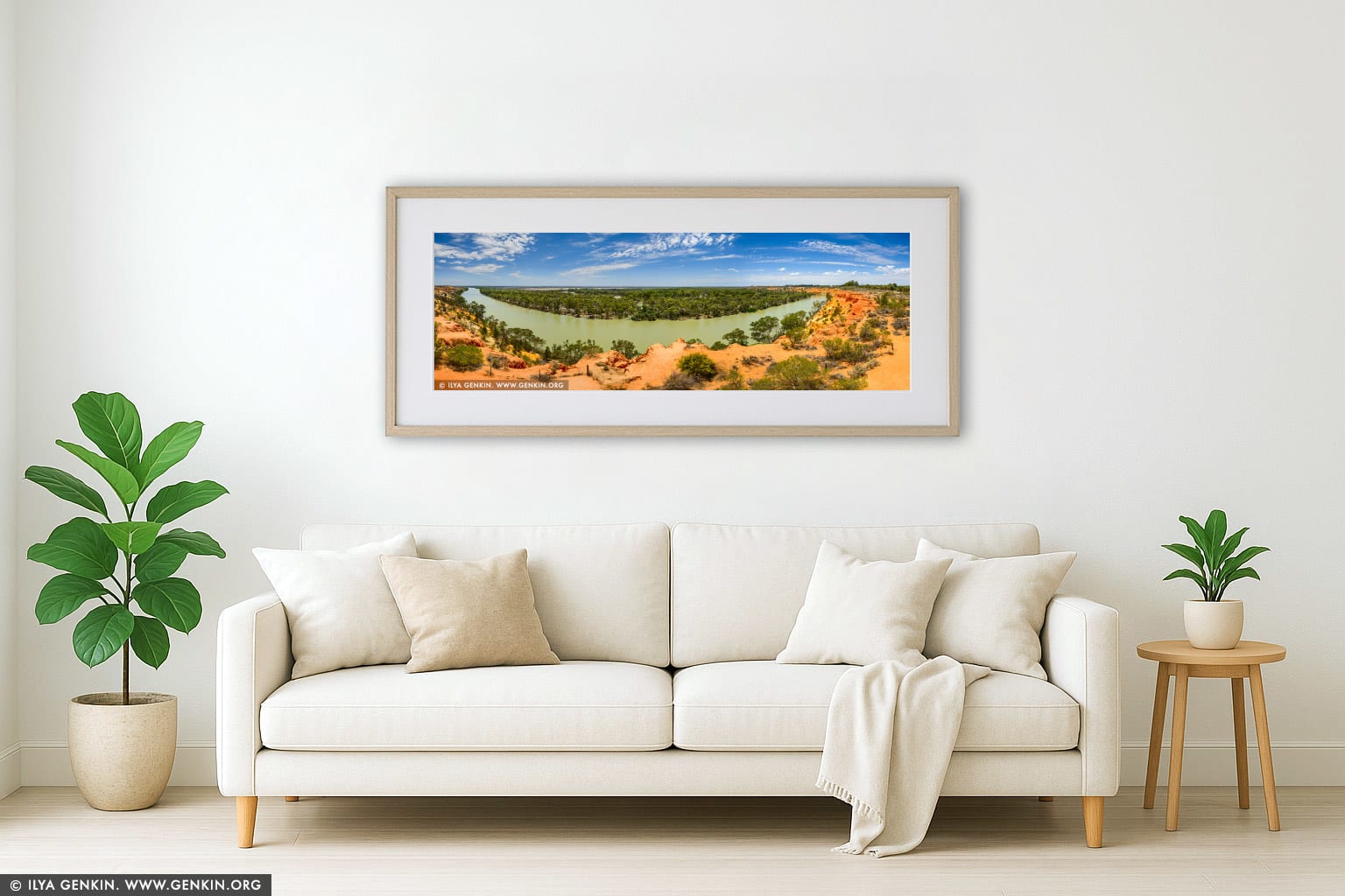 Murray River Panorama Near Heading's Cliff wall art in a contemporary living room interior