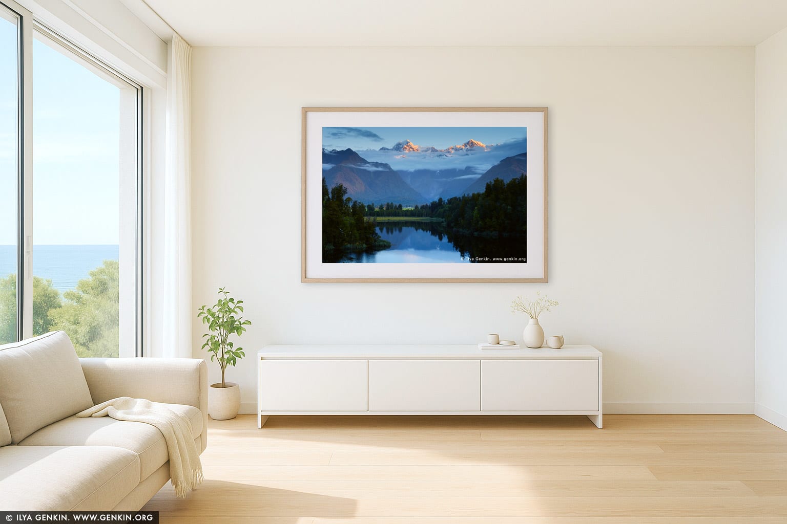 Mt Tasman and Aoraki/Mt Cook at Sunset wall art in a minimalist living room interior