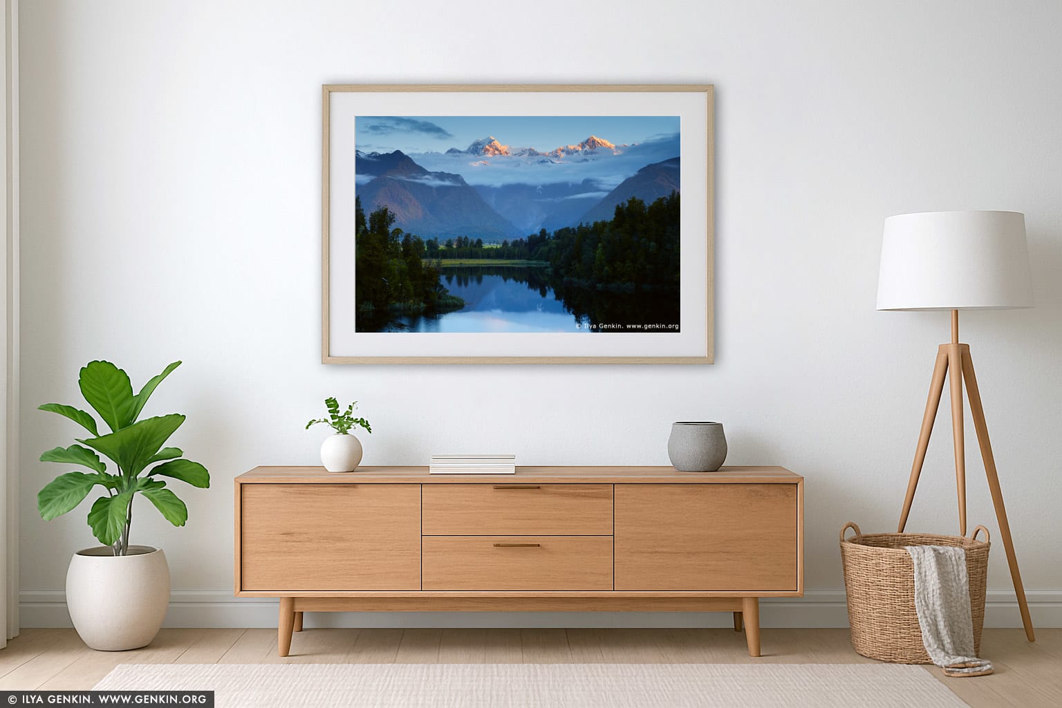 Mt Tasman and Aoraki/Mt Cook at Sunset wall art in a luxury living room interior