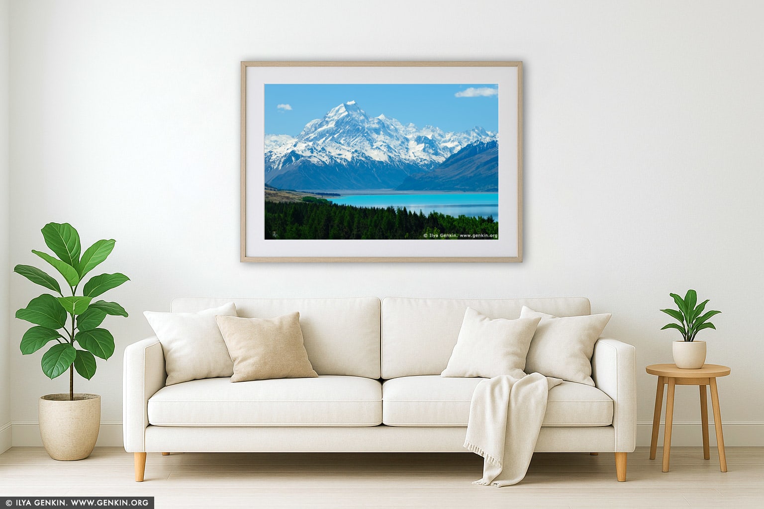 Aoraki/Mount Cook from Lake Pukaki wall art in a modern living room interior