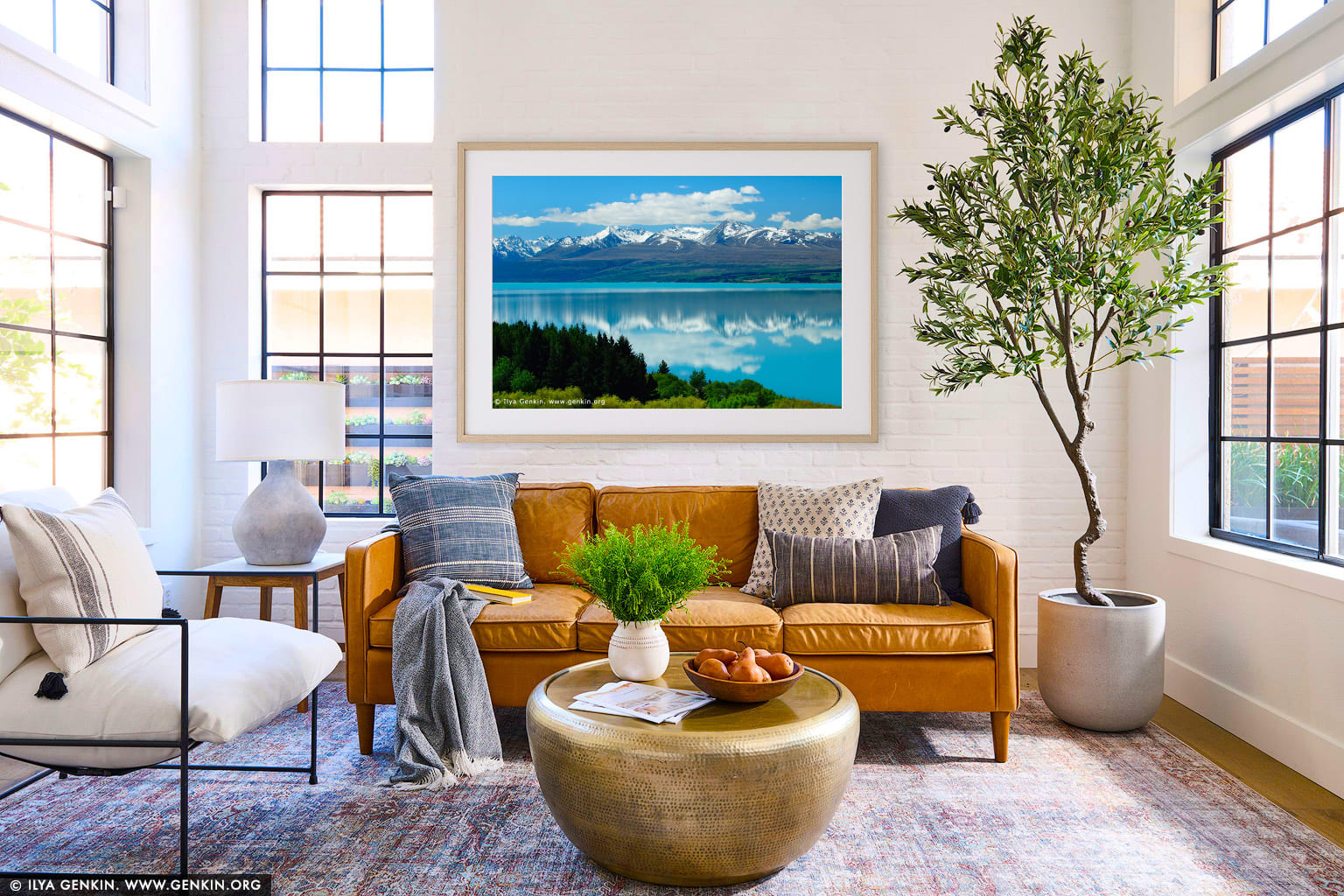Mountain Range Reflected in Lake Pukaki wall art in a minimalist living room interior