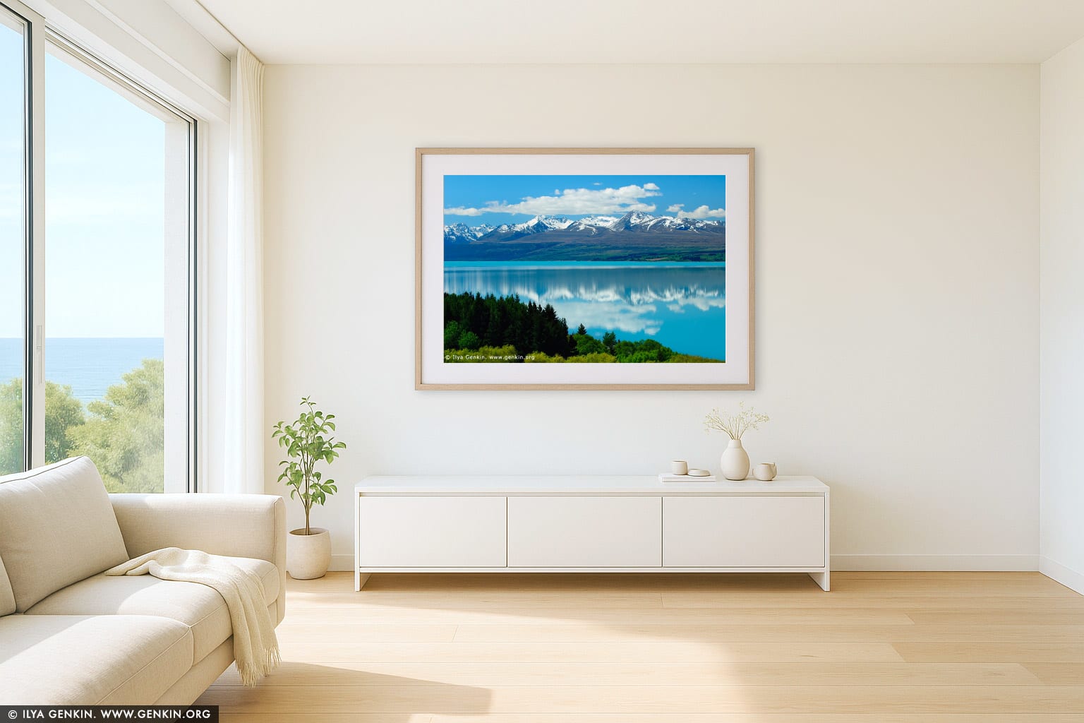 Mountain Range Reflected in Lake Pukaki wall art in a minimalist living room interior