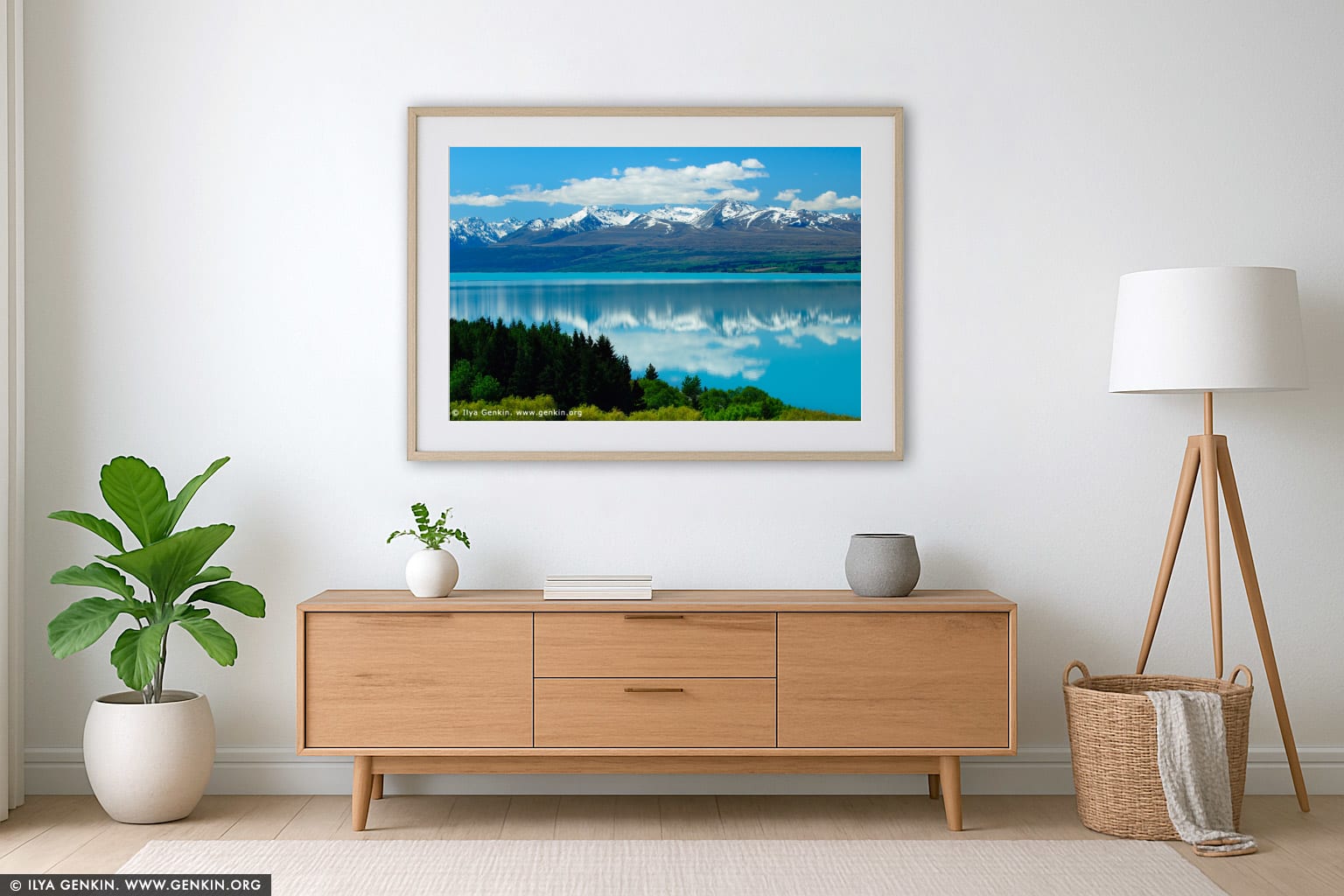 Mountain Range Reflected in Lake Pukaki wall art in a luxury living room interior