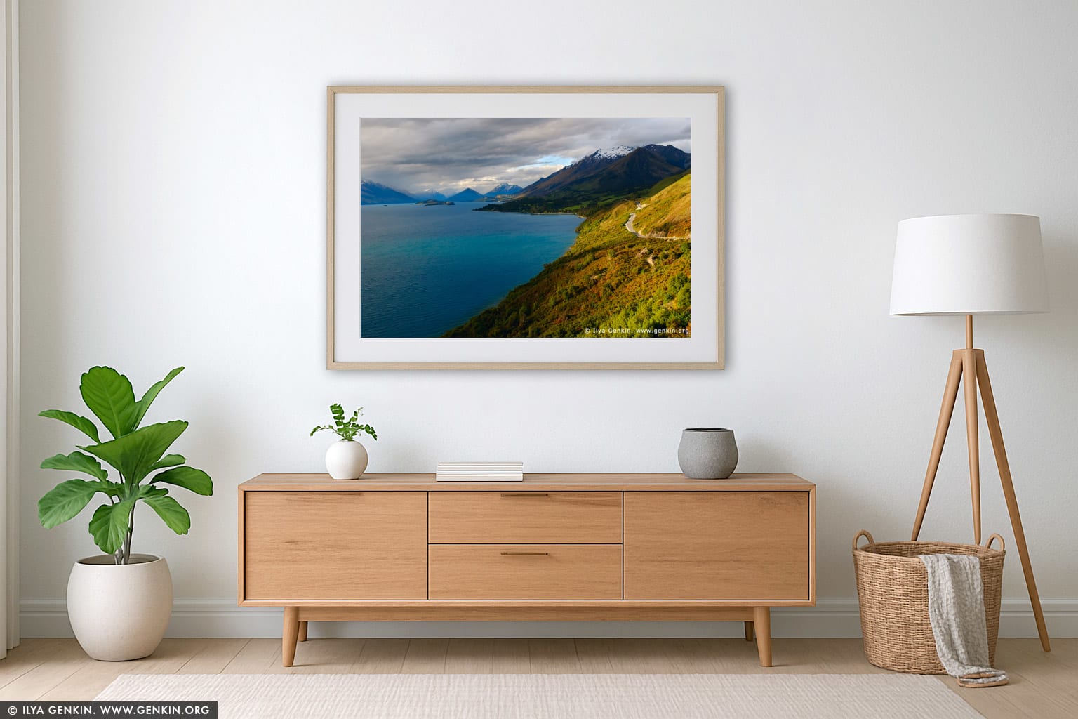 Looking up the Lake Wakatipu Towards Glenorchy at Sunset wall art in a minimalist living room interior