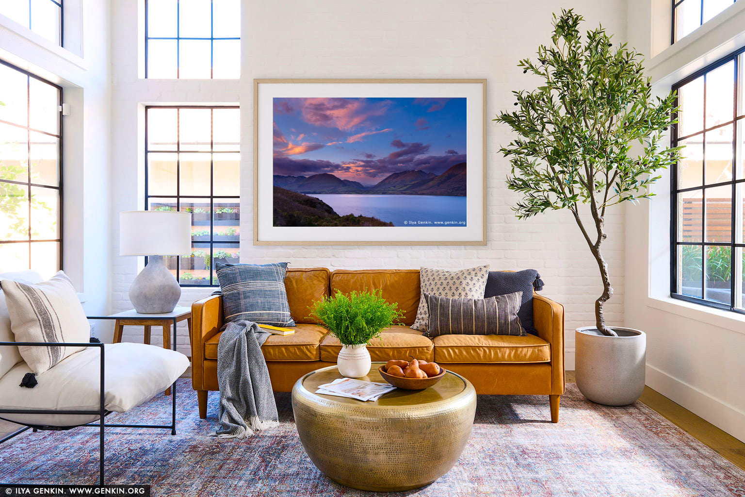 South Part of Thomson Mountains and Lake Wakatipu at Sunrise wall art in a minimalist living room interior