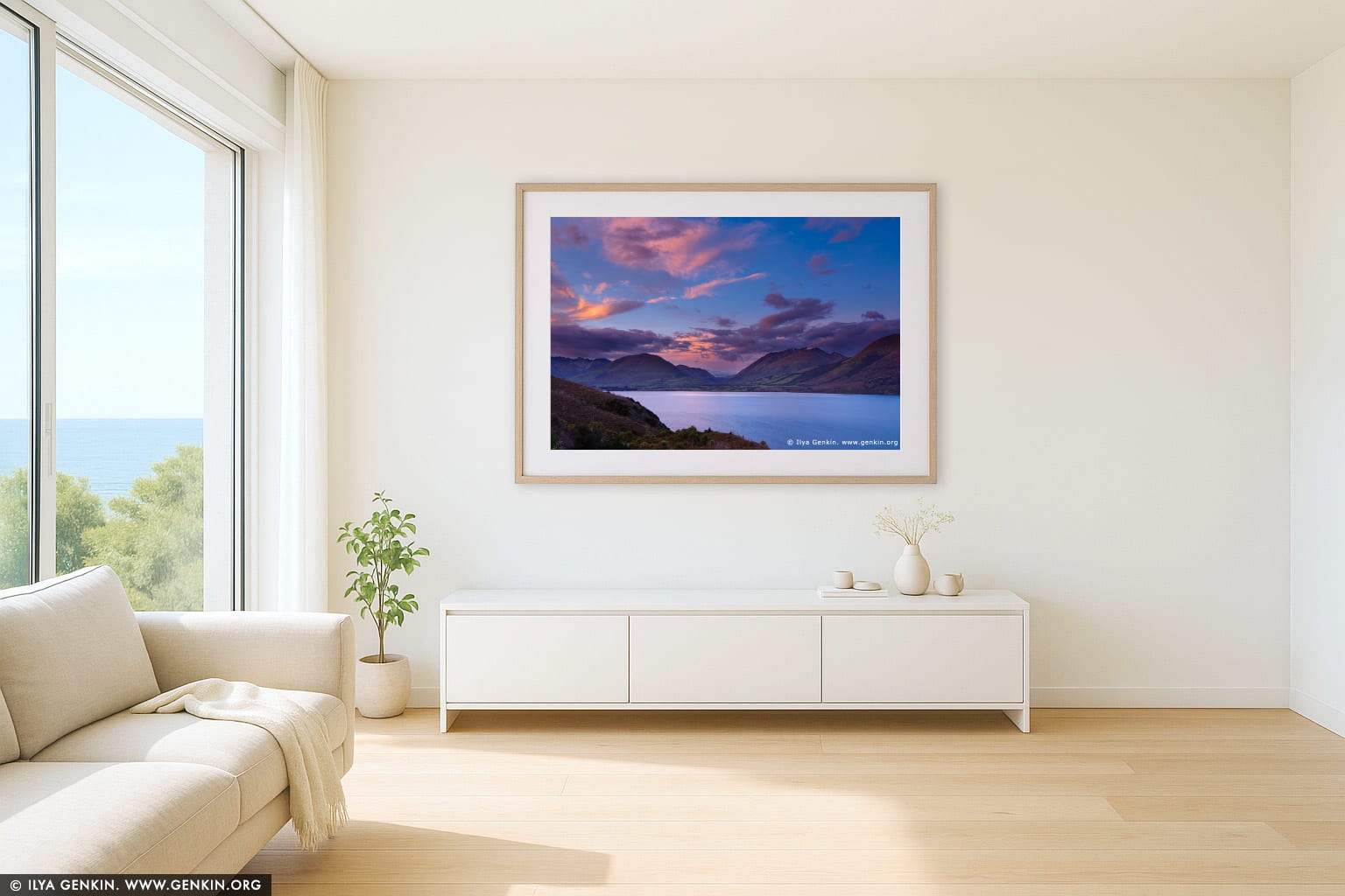 South Part of Thomson Mountains and Lake Wakatipu at Sunrise wall art in a minimalist living room interior