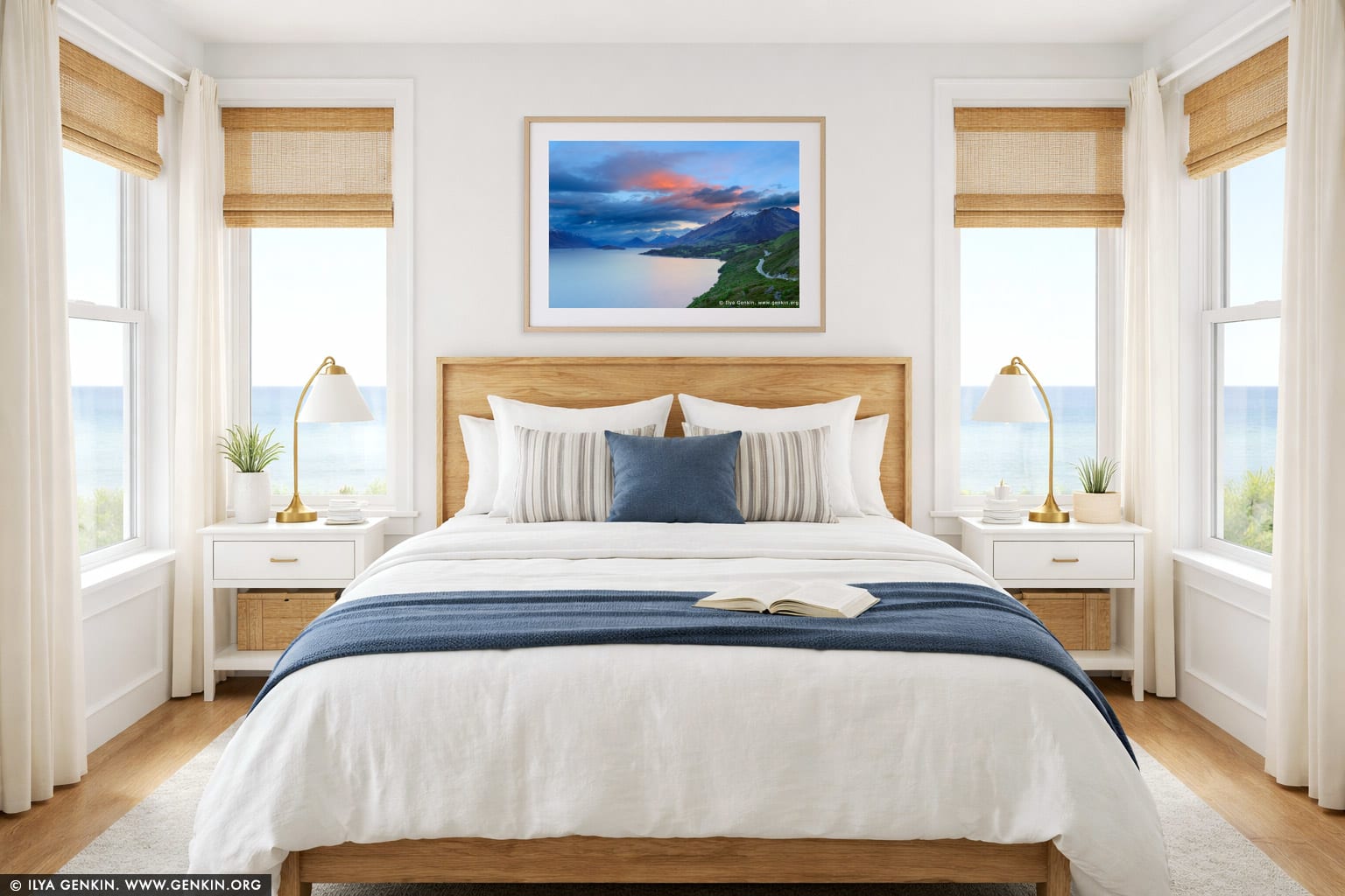 Looking up the Lake Wakatipu Towards Glenorchy at Sunrise wall art in a bedroom interior