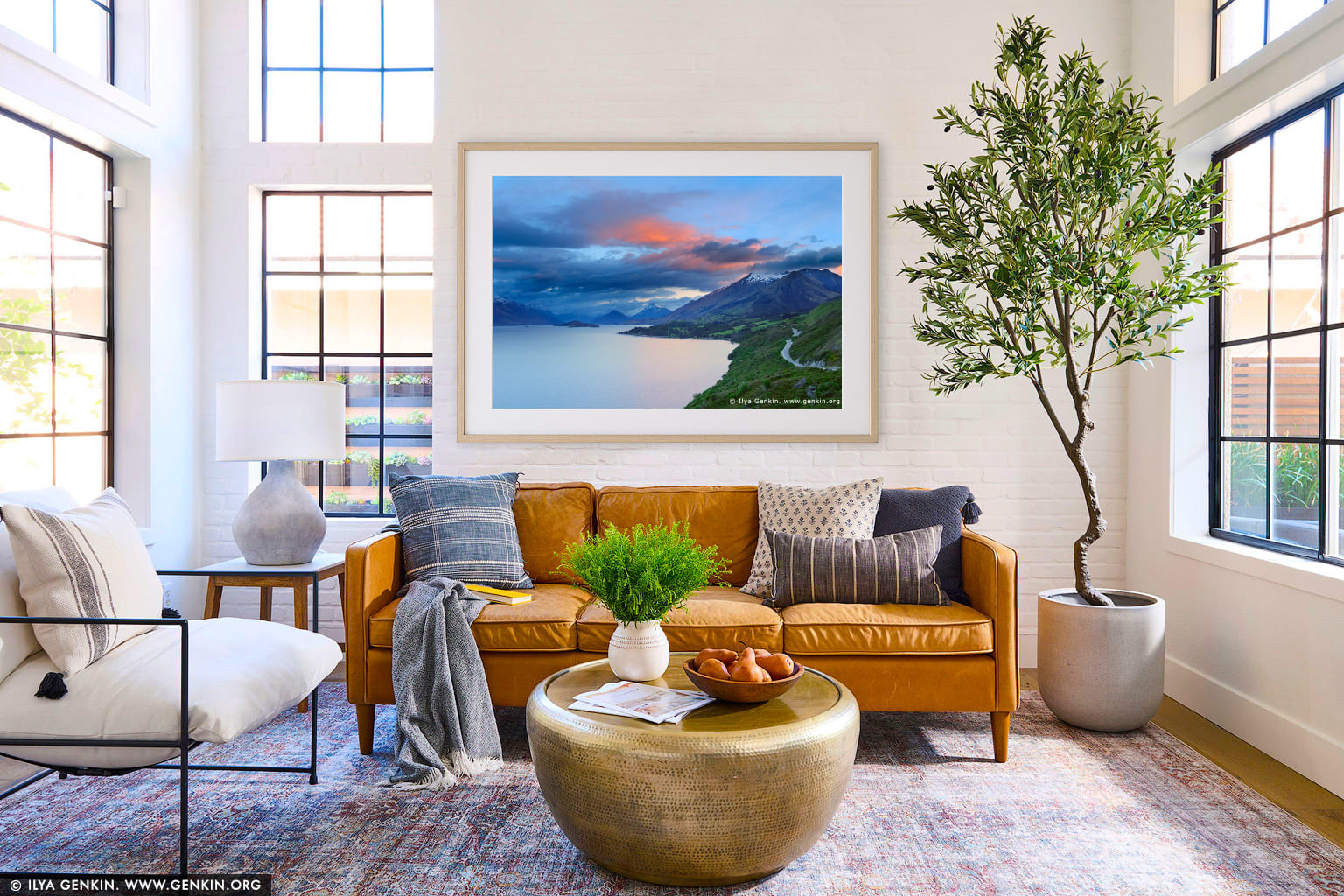 Looking up the Lake Wakatipu Towards Glenorchy at Sunrise wall art in a luxury living room interior