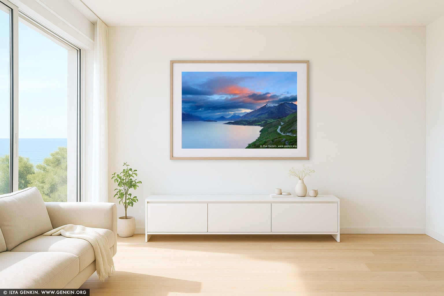 Looking up the Lake Wakatipu Towards Glenorchy at Sunrise wall art in a luxury living room interior