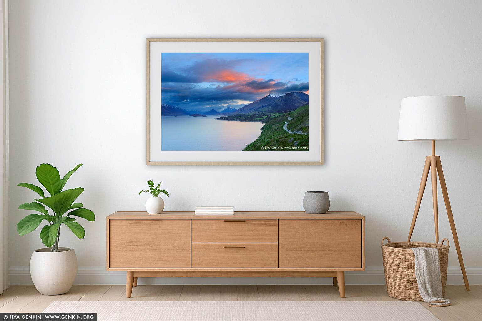 Looking up the Lake Wakatipu Towards Glenorchy at Sunrise wall art in a modern living room interior