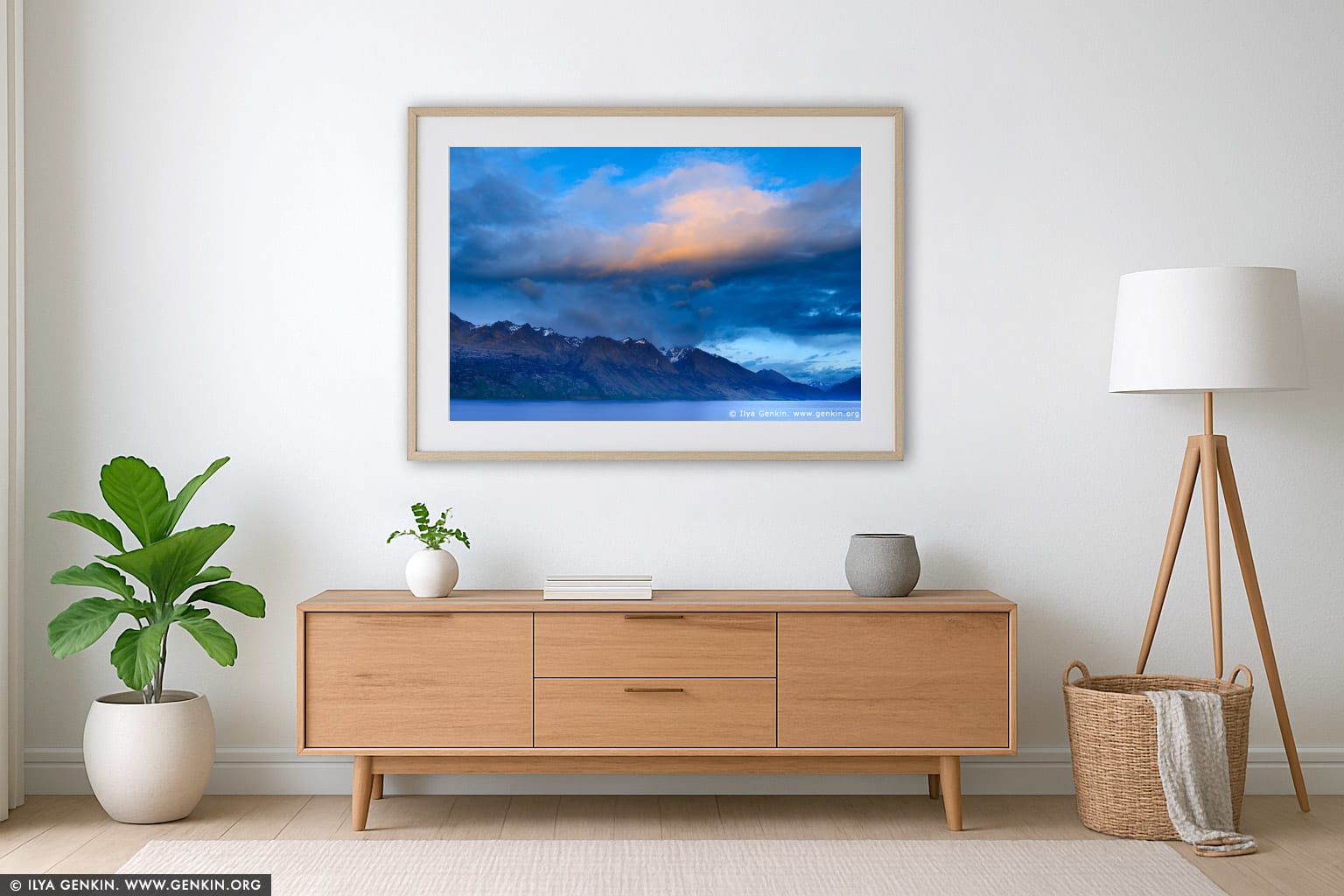 Thomson Mountains and Lake Wakatipu at Dawn wall art in a contemporary living room interior