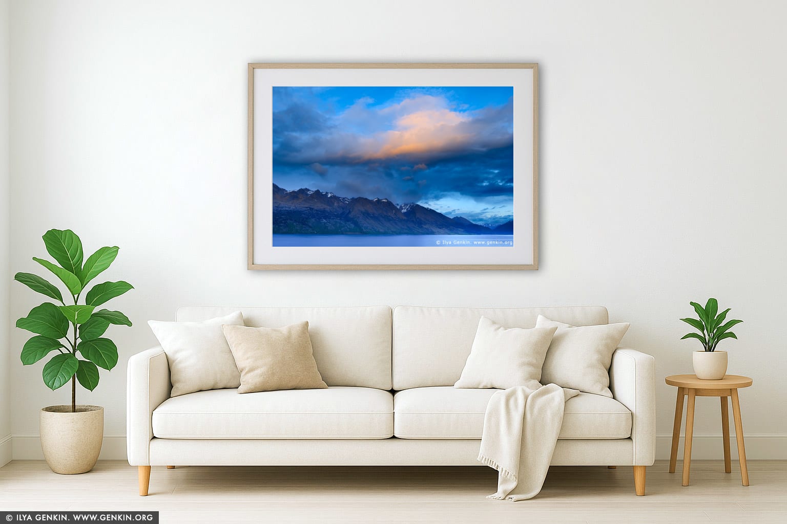 Thomson Mountains and Lake Wakatipu at Dawn wall art in a luxury living room interior