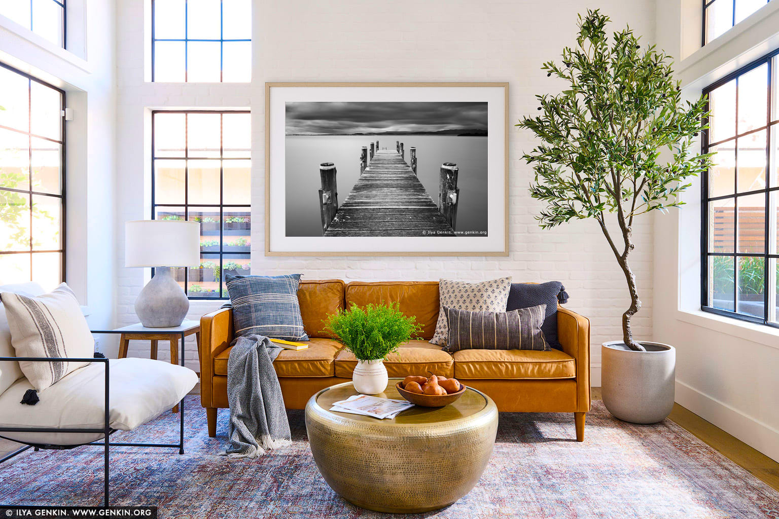 Lake Illawarra Jetty wall art in a contemporary living room interior