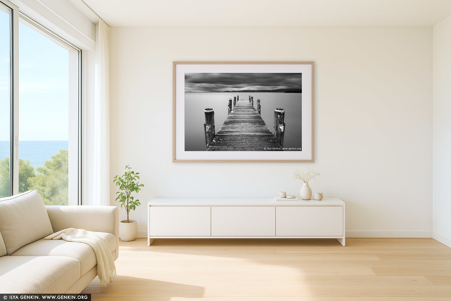 Lake Illawarra Jetty wall art in a contemporary living room interior