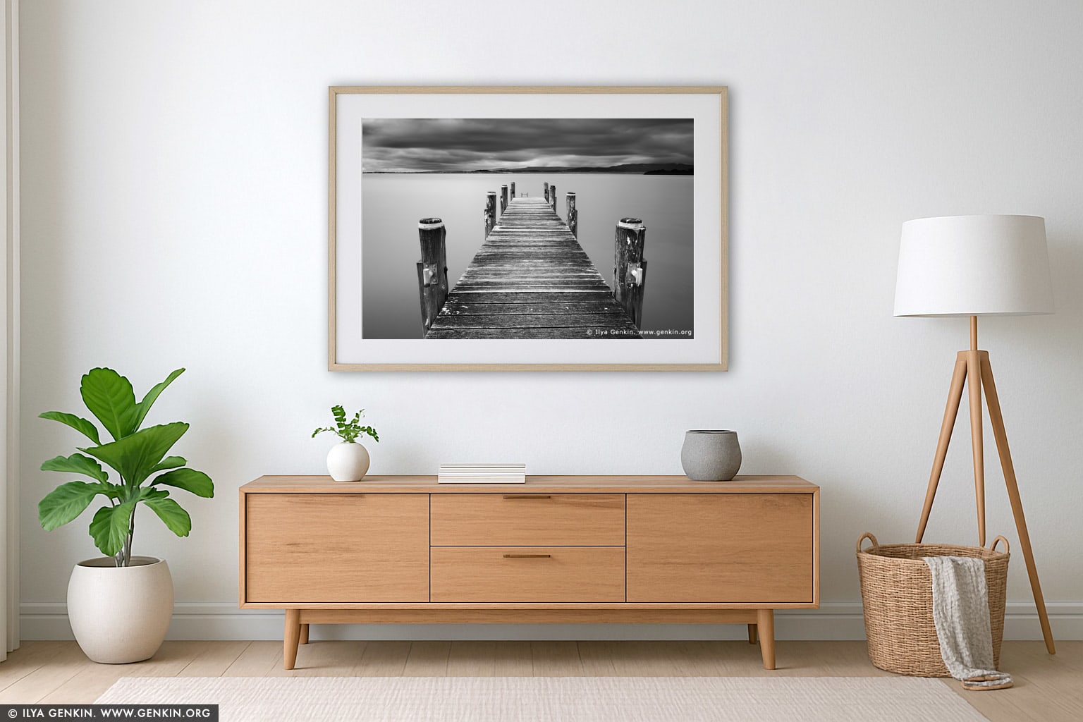 Lake Illawarra Jetty wall art in a minimalist living room interior