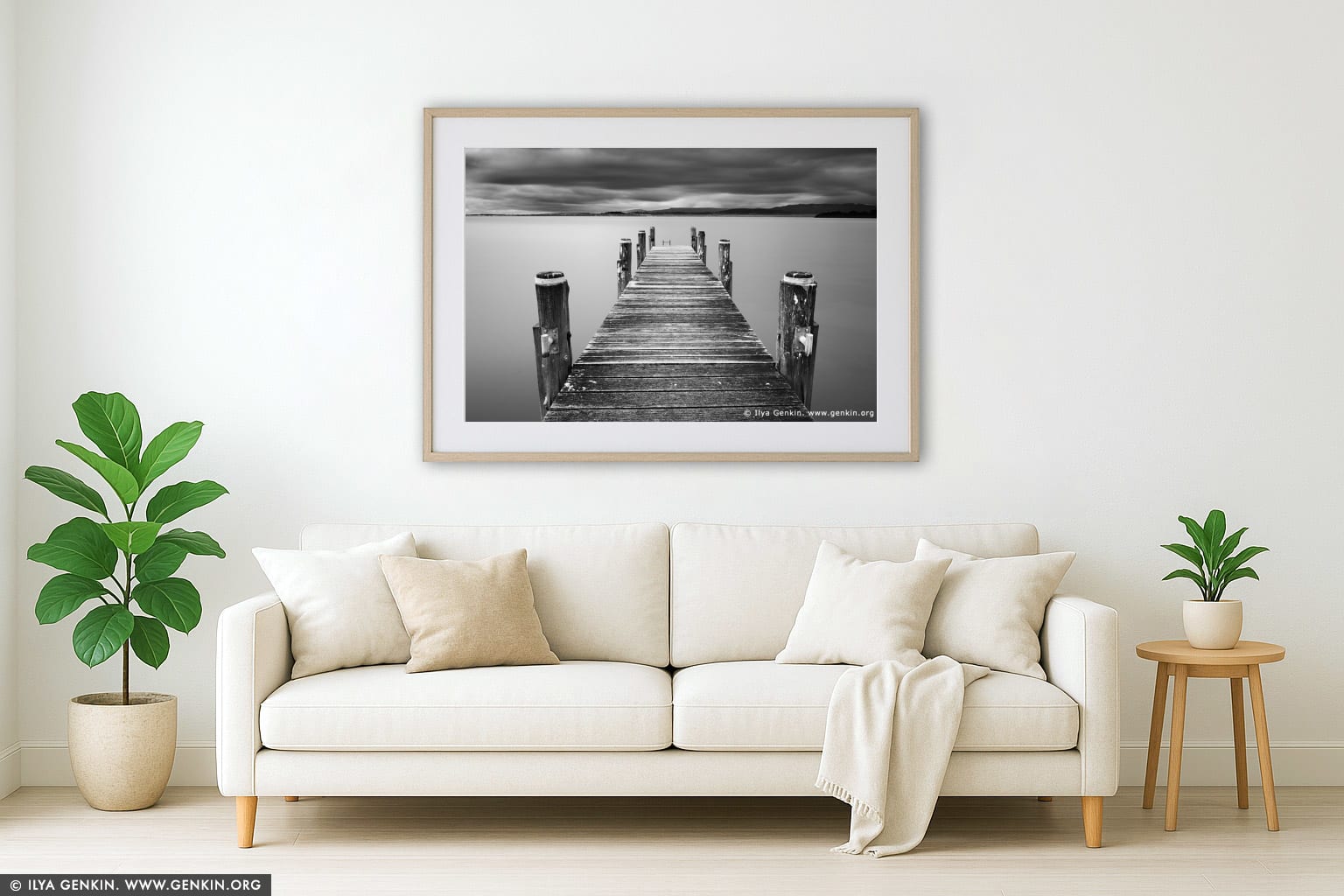 Lake Illawarra Jetty wall art in a modern living room interior