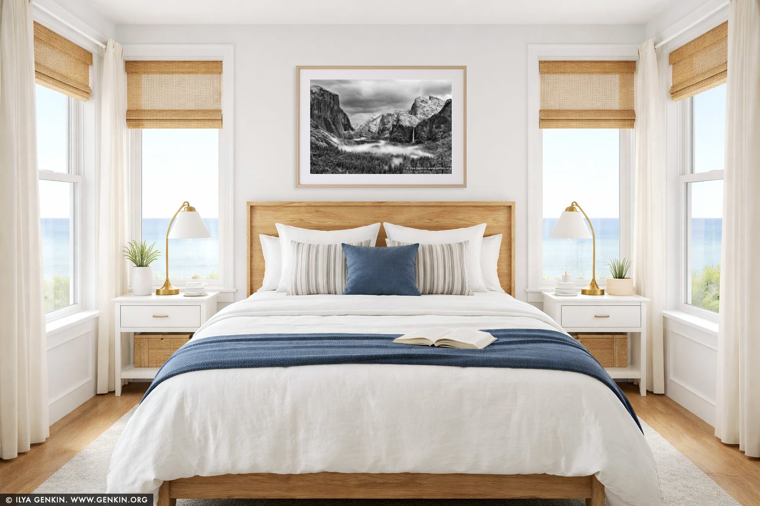 Yosemite Valley and Bridalveil Falls from Tunnel View wall art in a bedroom interior