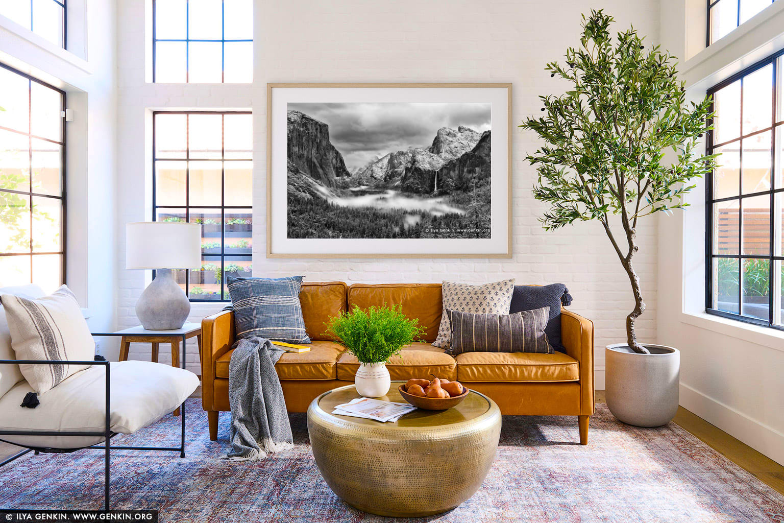 Yosemite Valley and Bridalveil Falls from Tunnel View wall art in a contemporary living room interior