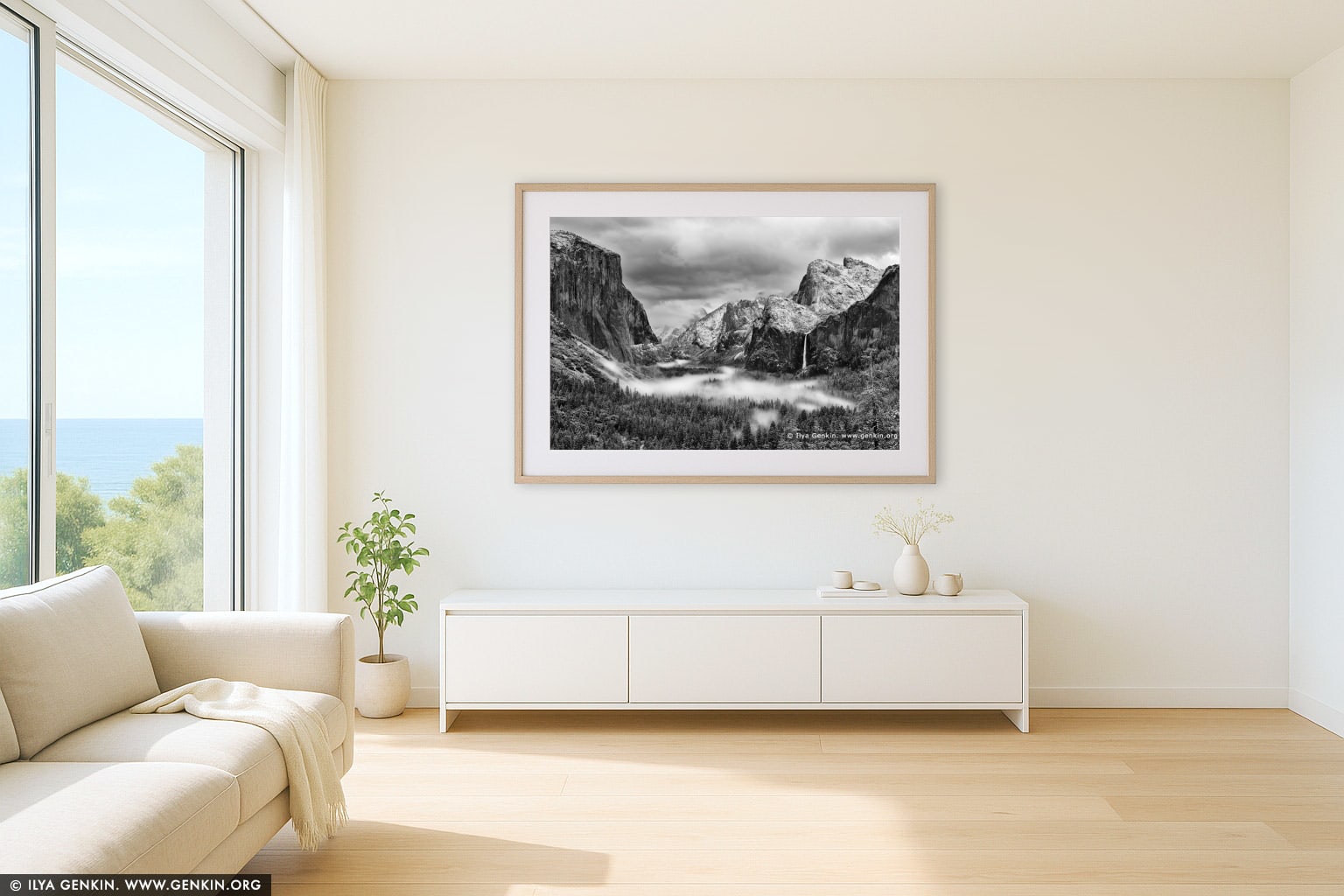 Yosemite Valley and Bridalveil Falls from Tunnel View wall art in a contemporary living room interior