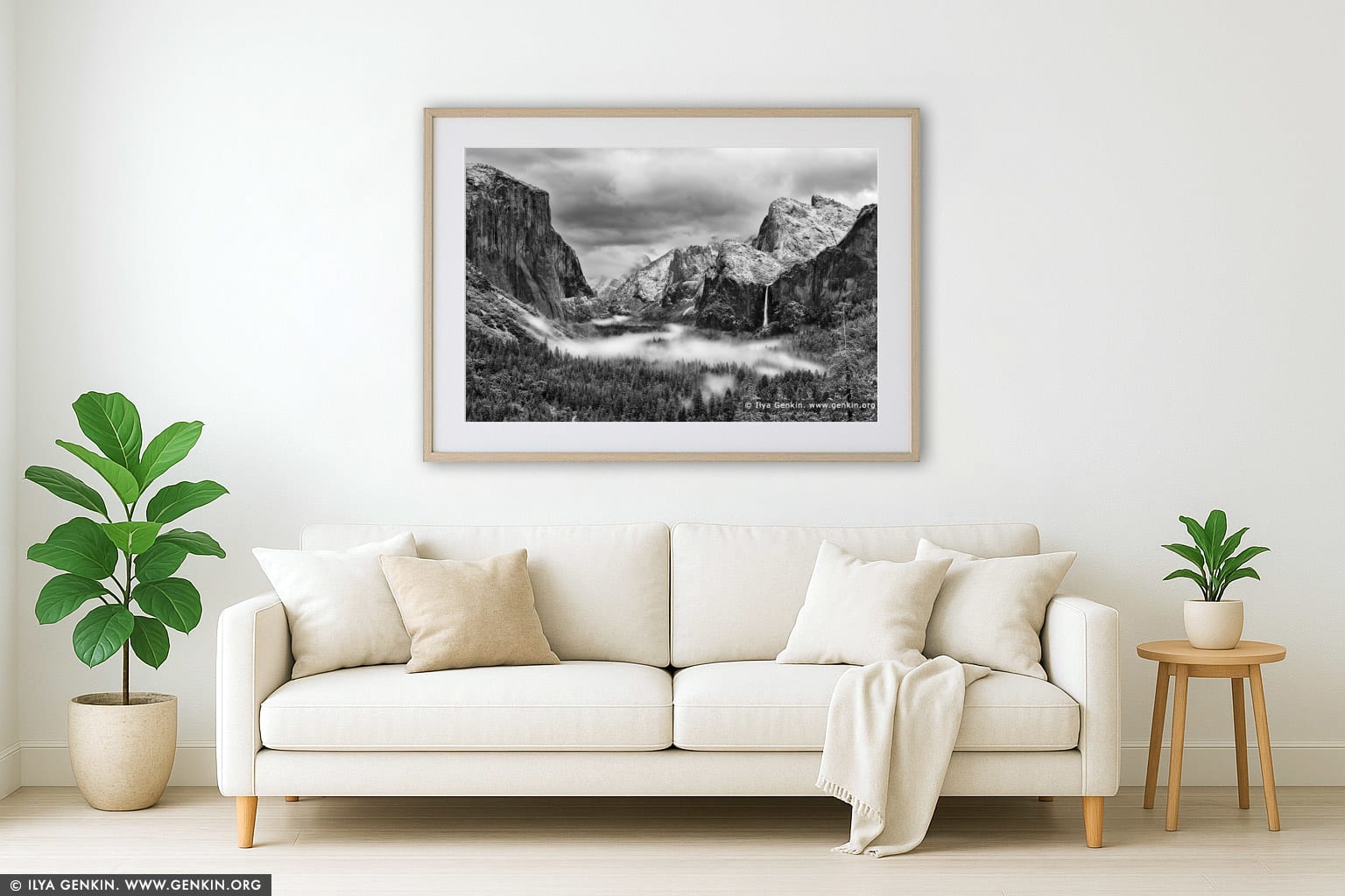 Yosemite Valley and Bridalveil Falls from Tunnel View wall art in a modern living room interior