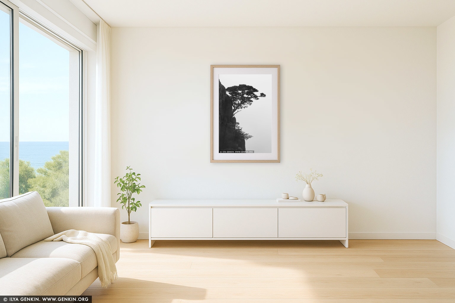 Tree on Rock Wall wall art in a minimalist living room interior