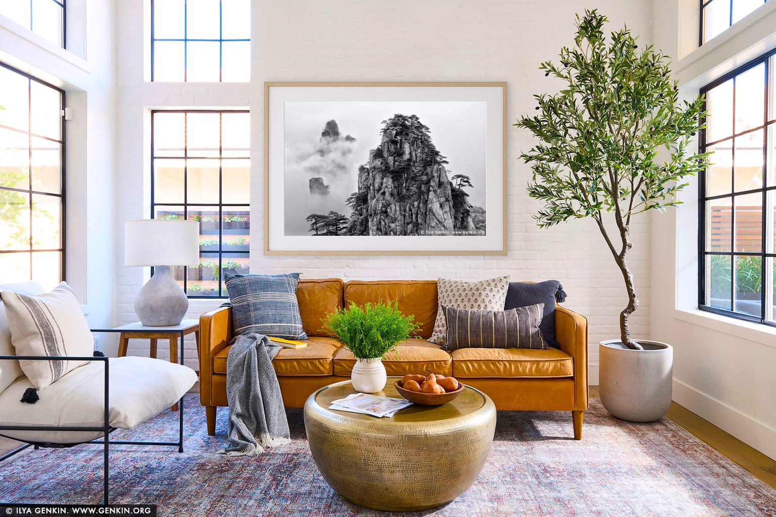 View from Beginning to Believe Lookout wall art in a minimalist living room interior