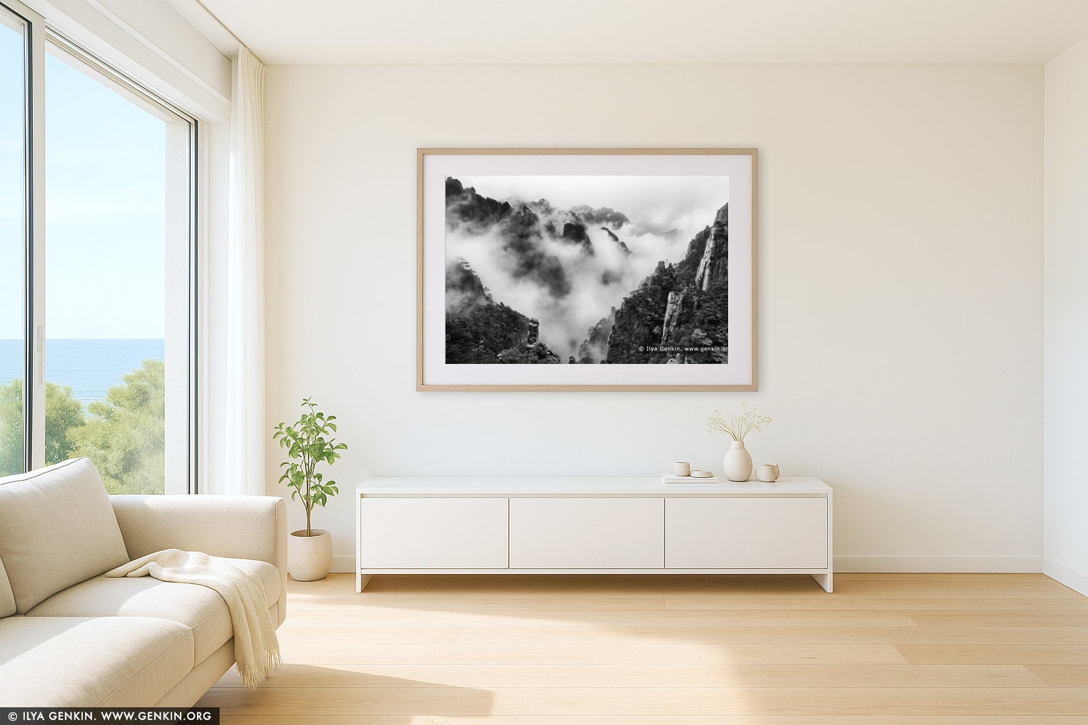 Huangshan Mountains in Clouds wall art in a luxury living room interior