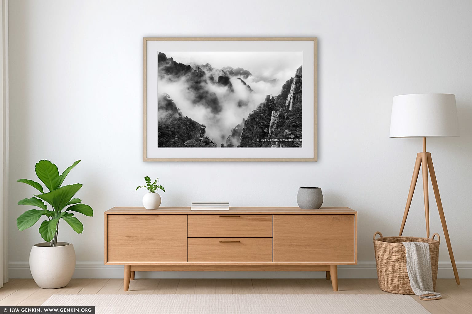 Huangshan Mountains in Clouds wall art in a modern living room interior