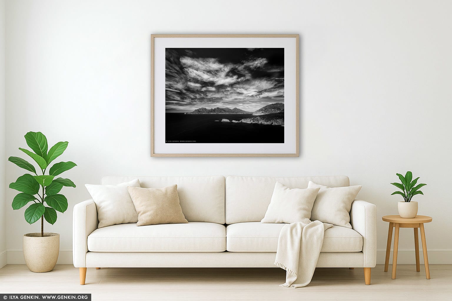 Dramatic Sky Above Cape Tourville wall art in a contemporary living room interior