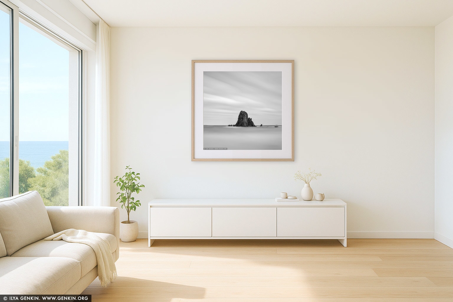 Glasshouse Rocks wall art in a minimalist living room interior