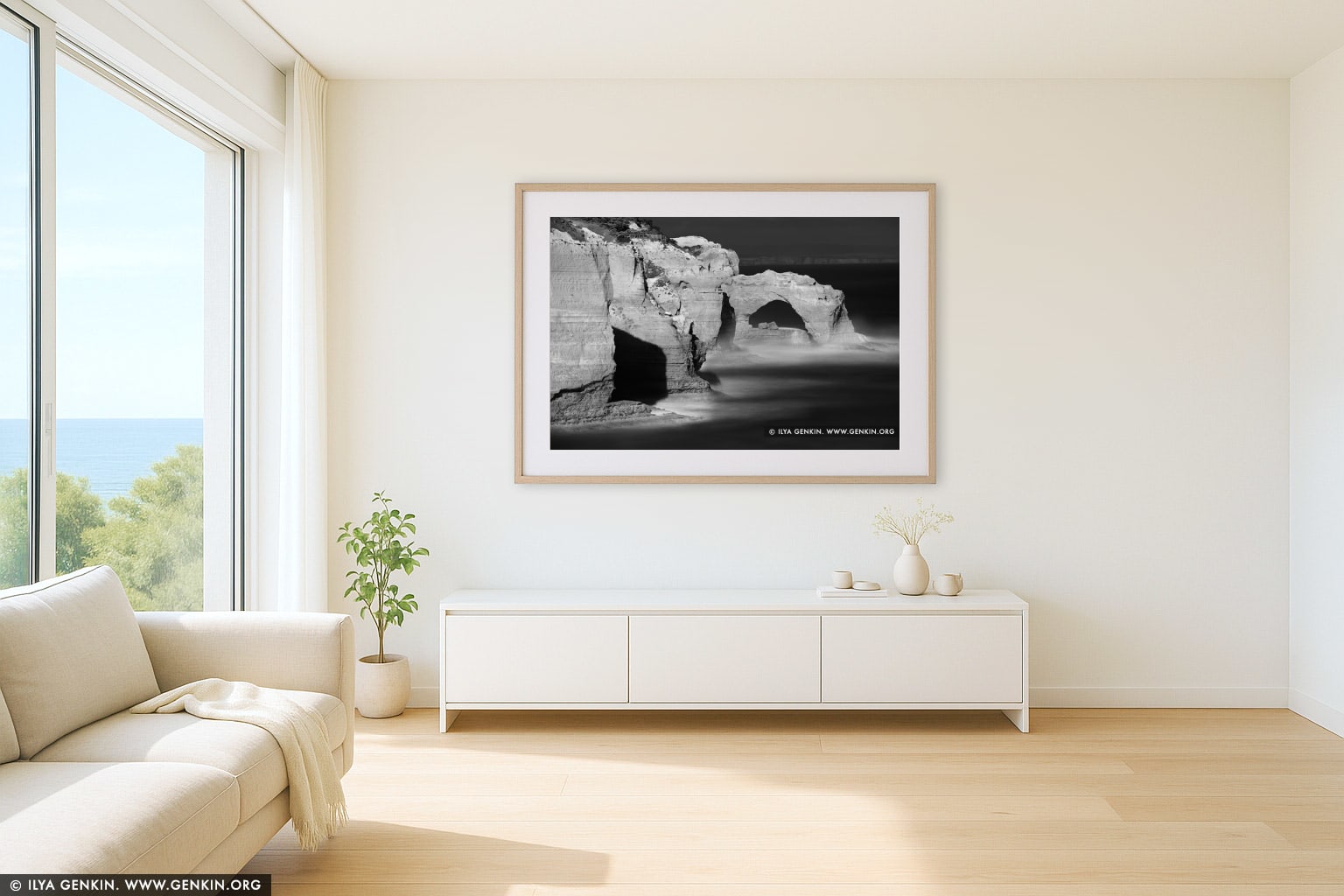 The Arch in Black and White wall art in a minimalist living room interior