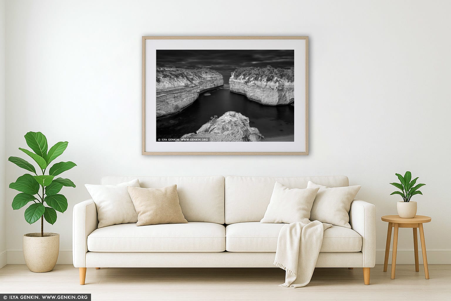 Loch Ard Gorge in Black and White wall art in a contemporary living room interior