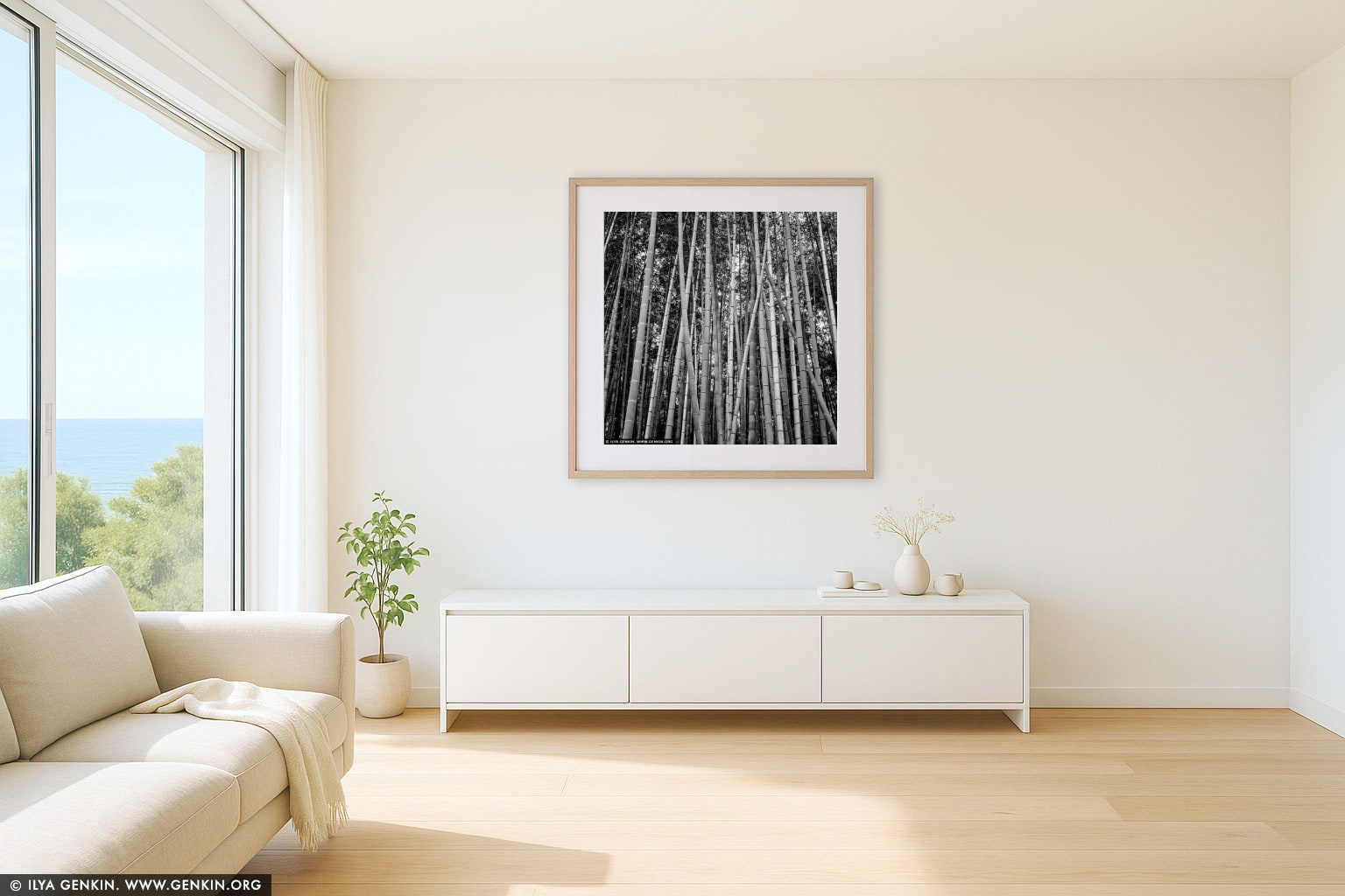 Bamboo Trees at Arashiyama Bamboo Grove  wall art in a contemporary living room interior