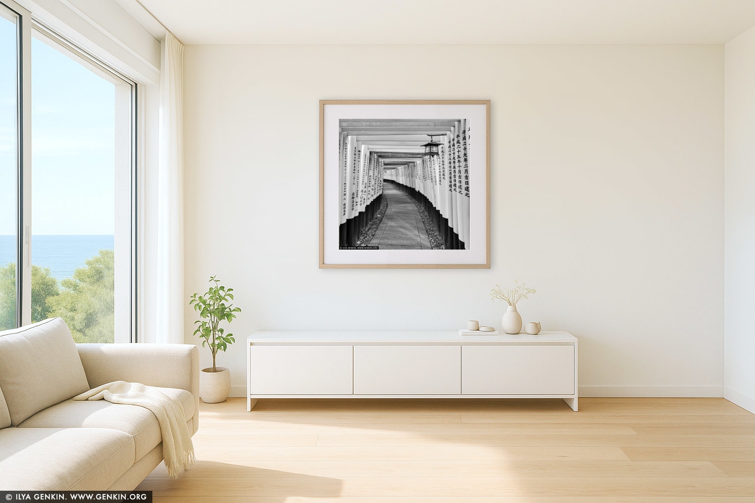Ten Thousands of Red Torii Gates at Fushimi Inari Shrine wall art in a luxury living room interior