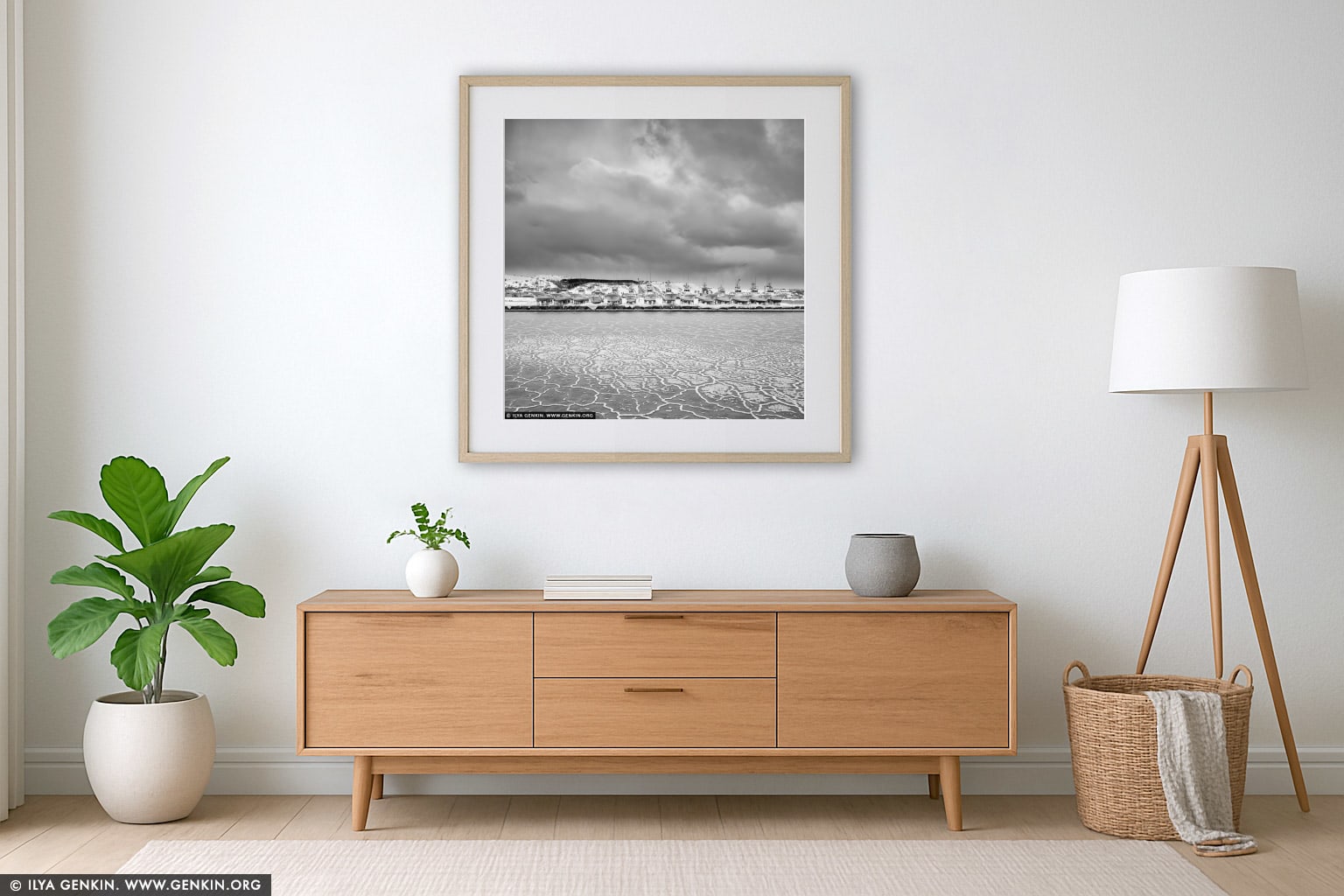 Fishing Boats in Winter at Wakkanai wall art in a minimalist living room interior