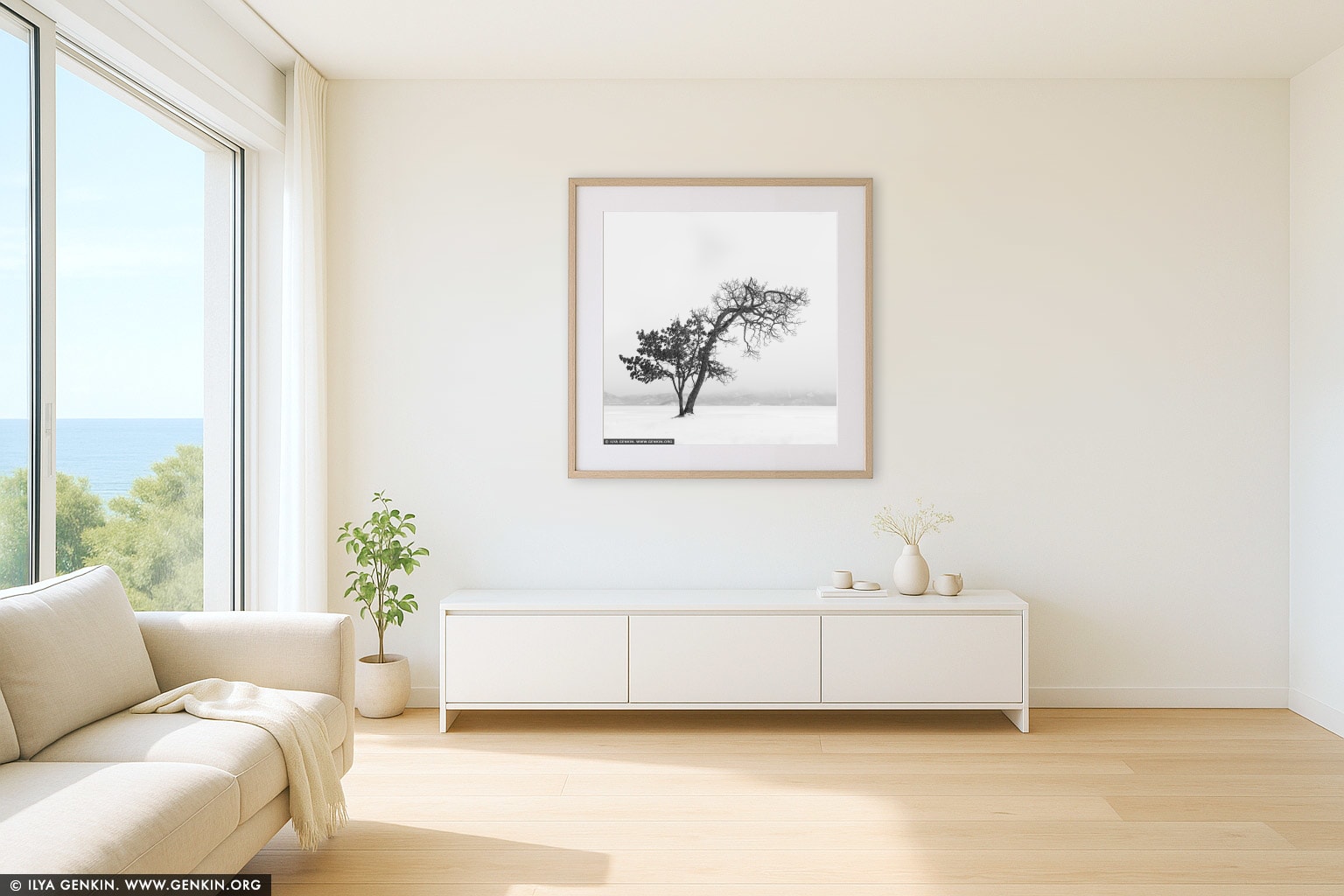 Kussharo Lake Tree, Study 2 wall art in a minimalist living room interior