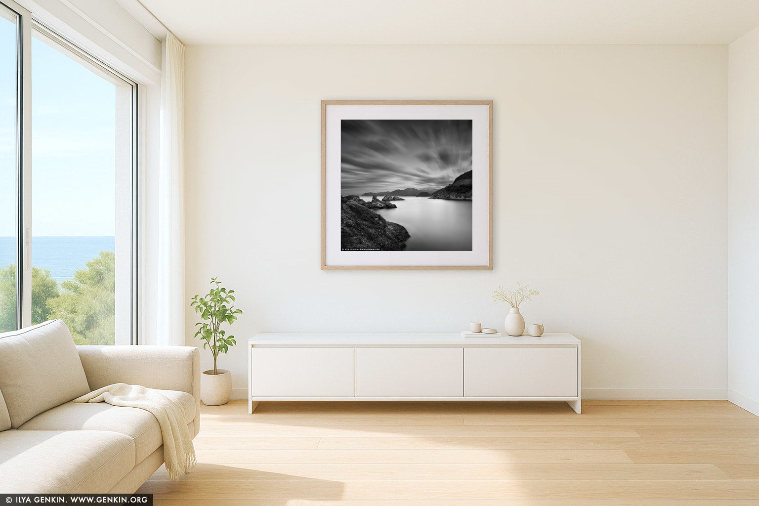 Stormy Morning at Kumomi Bay wall art in a contemporary living room interior