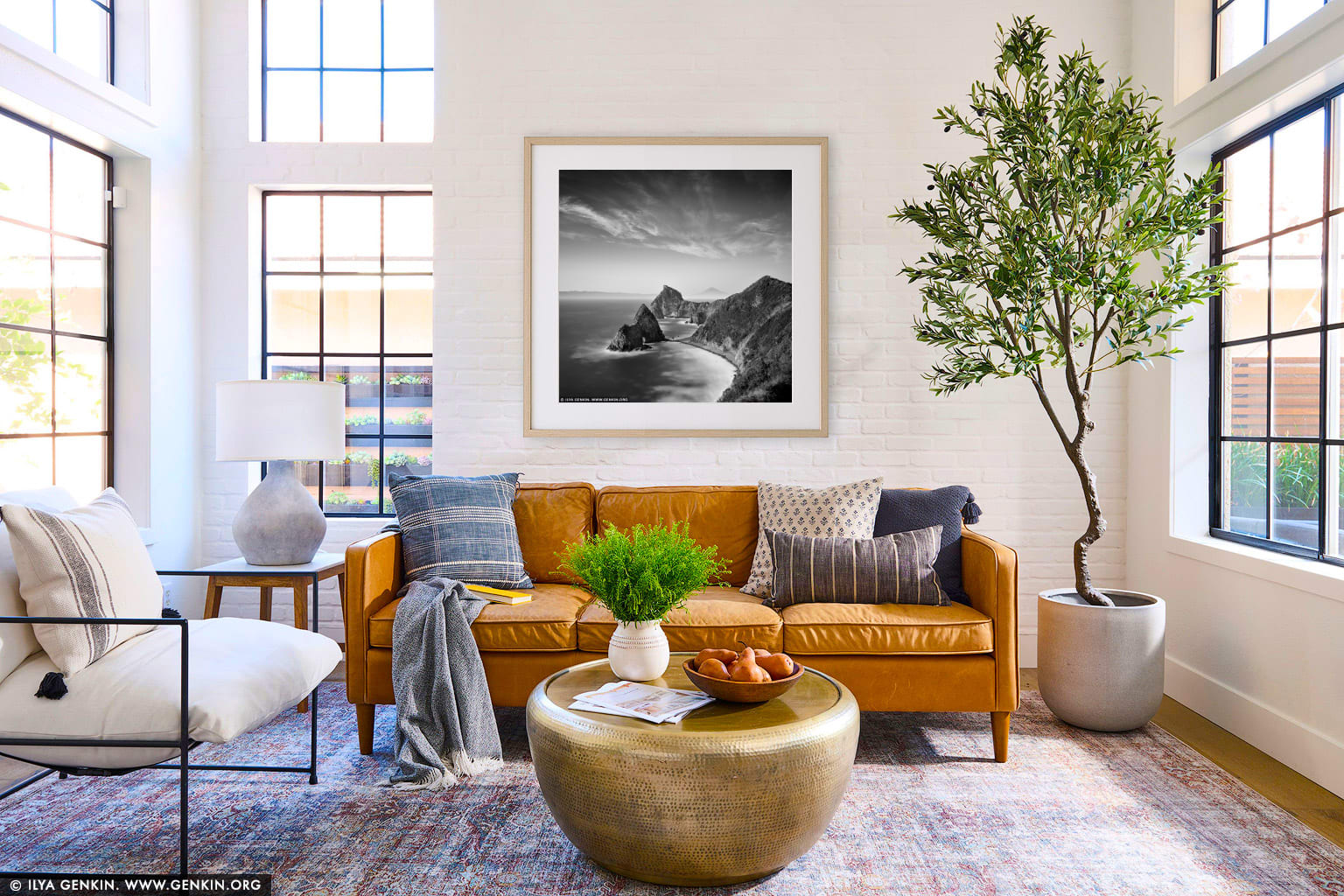 Senganmon and Mt. Fuji wall art in a contemporary living room interior
